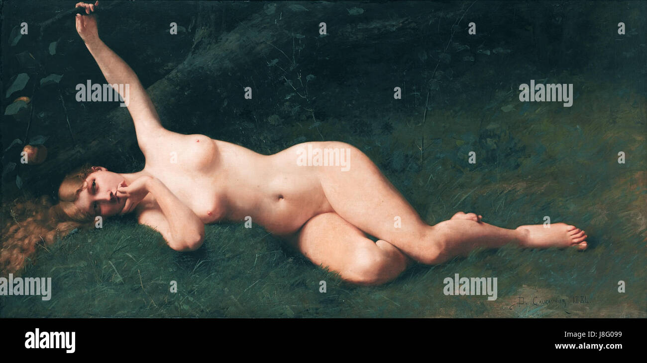 Un'opera d'arte intitolata "Eve and the Apple" di Jean Denis Antoine Caucannier, che raffigura la storia biblica della tentazione di Eve nel Giardino dell'Eden. Foto Stock