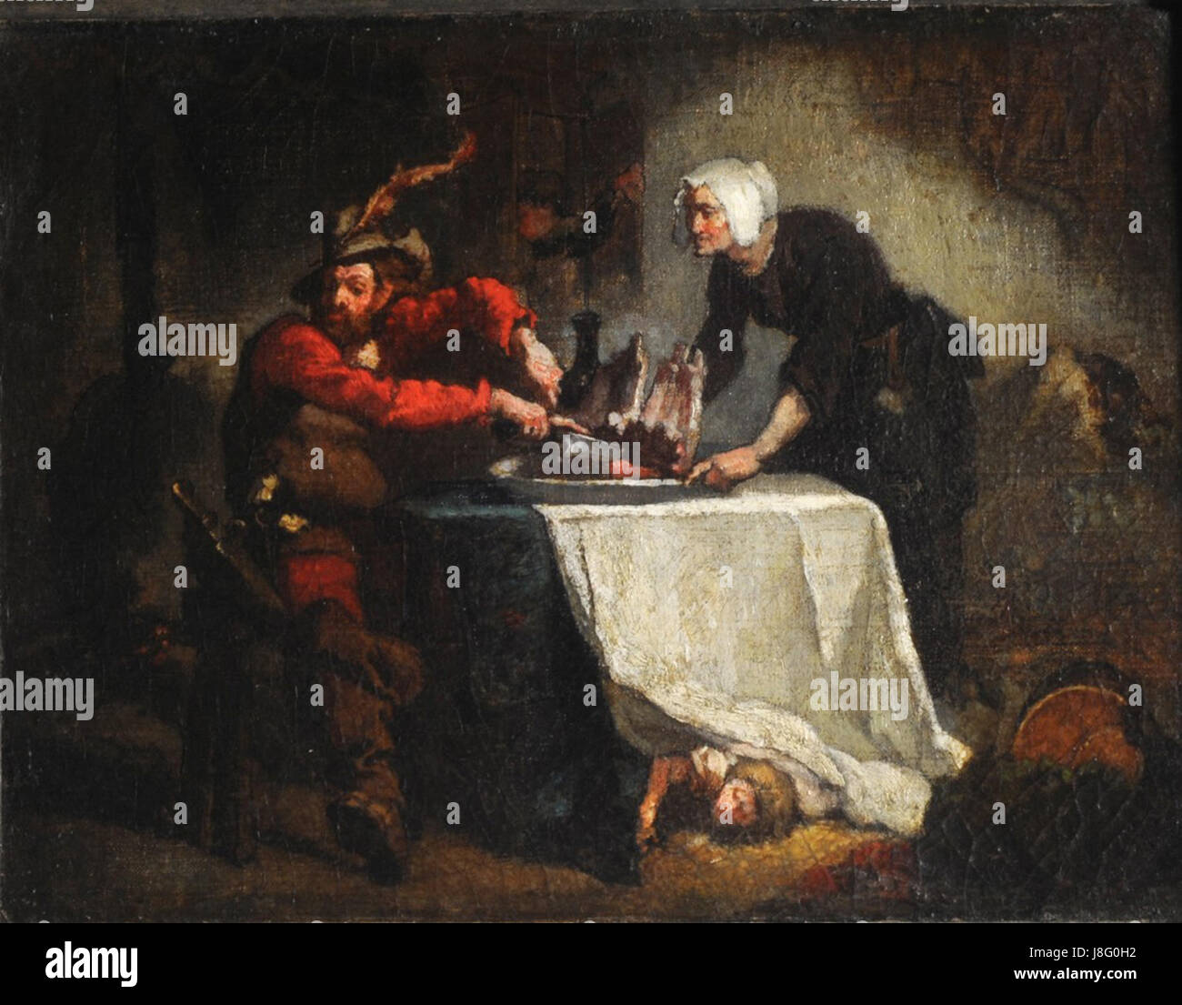 "Le Repas de l'Ogre" di Thomas Couture è un dipinto che mostra l'interpretazione dell'artista di un tema mitico o allegorico. Può riflettere temi di eccesso, potere o commento sociale, tipici dell'arte francese del XIX secolo, offrendo una visione dei contesti sociali e culturali del tempo. Foto Stock