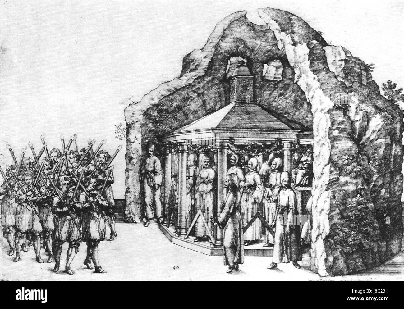 Ballett der Getreuen Ritter (Balletto dei fedeli cavalieri) è un'incisione di F. Brentel del 1617. L'opera raffigura cavalieri in una formazione di danza artistica, combinando elementi di tradizione cavalleresca e arte di corte. Questa incisione mette in evidenza l'abilità di Brentel nel catturare il movimento e lo sfarzo medievale in un contesto storico dettagliato. Foto Stock