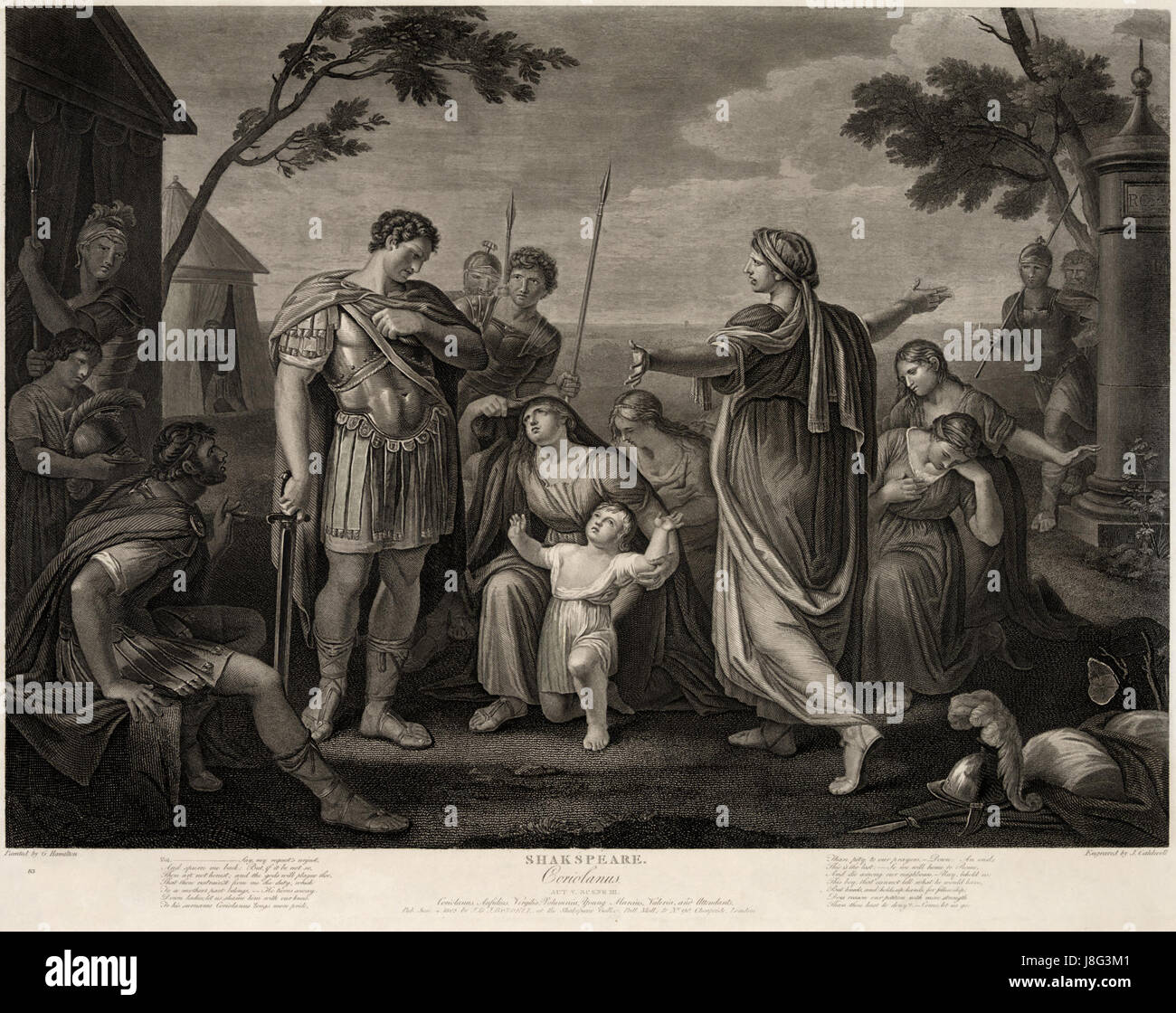 La rappresentazione di Gavin Hamilton dell'atto V, scena III del "Coriolanus" di Shakespeare mette in mostra un momento drammatico nell'opera, probabilmente concentrandosi sui temi del potere, della politica e del conflitto personale, centrali di questa tragica opera. Foto Stock