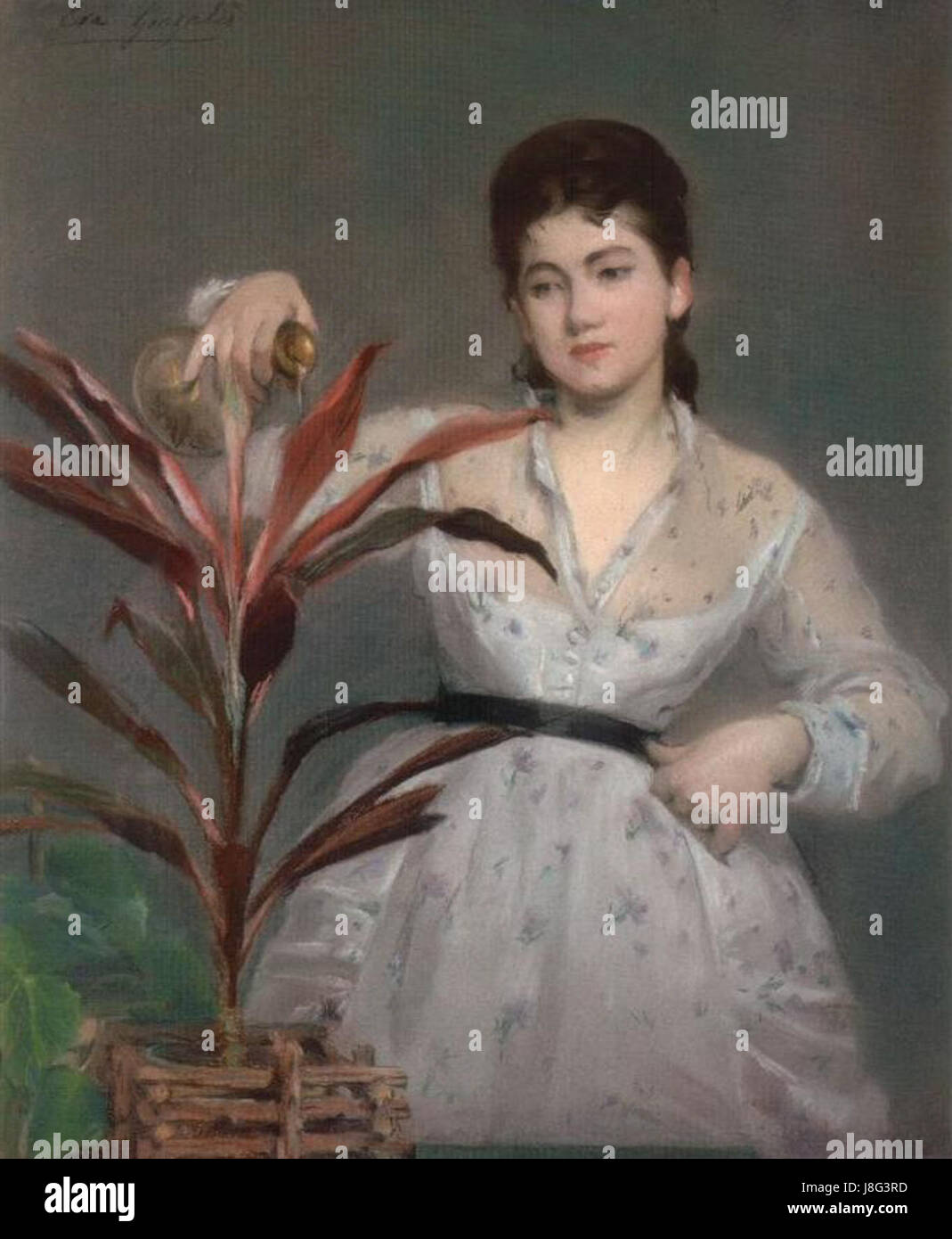 Eva Gonzales era una pittrice francese nota per le sue opere che catturavano ritratti intimi ed eleganti, con "la Plante Favorite" un notevole esempio della sua dettagliata rappresentazione di una donna in un ambiente botanico. Foto Stock