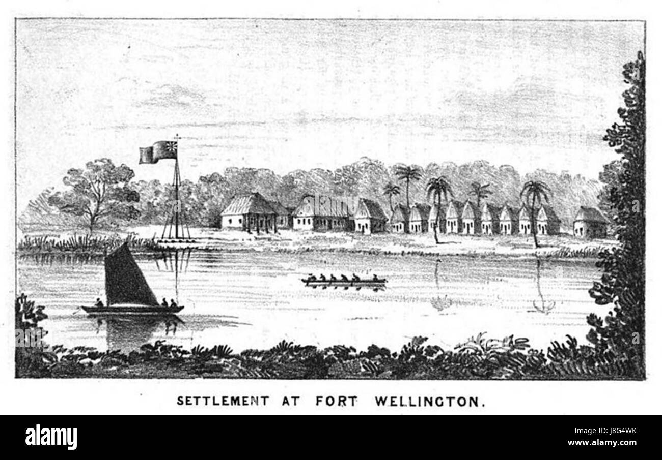 Questa immagine raffigura Fort Wellington, situato sul Black River in Giamaica, a metà degli anni '1840 Offre uno sguardo sull'architettura militare coloniale e sulla storia della difesa giamaicana. Foto Stock