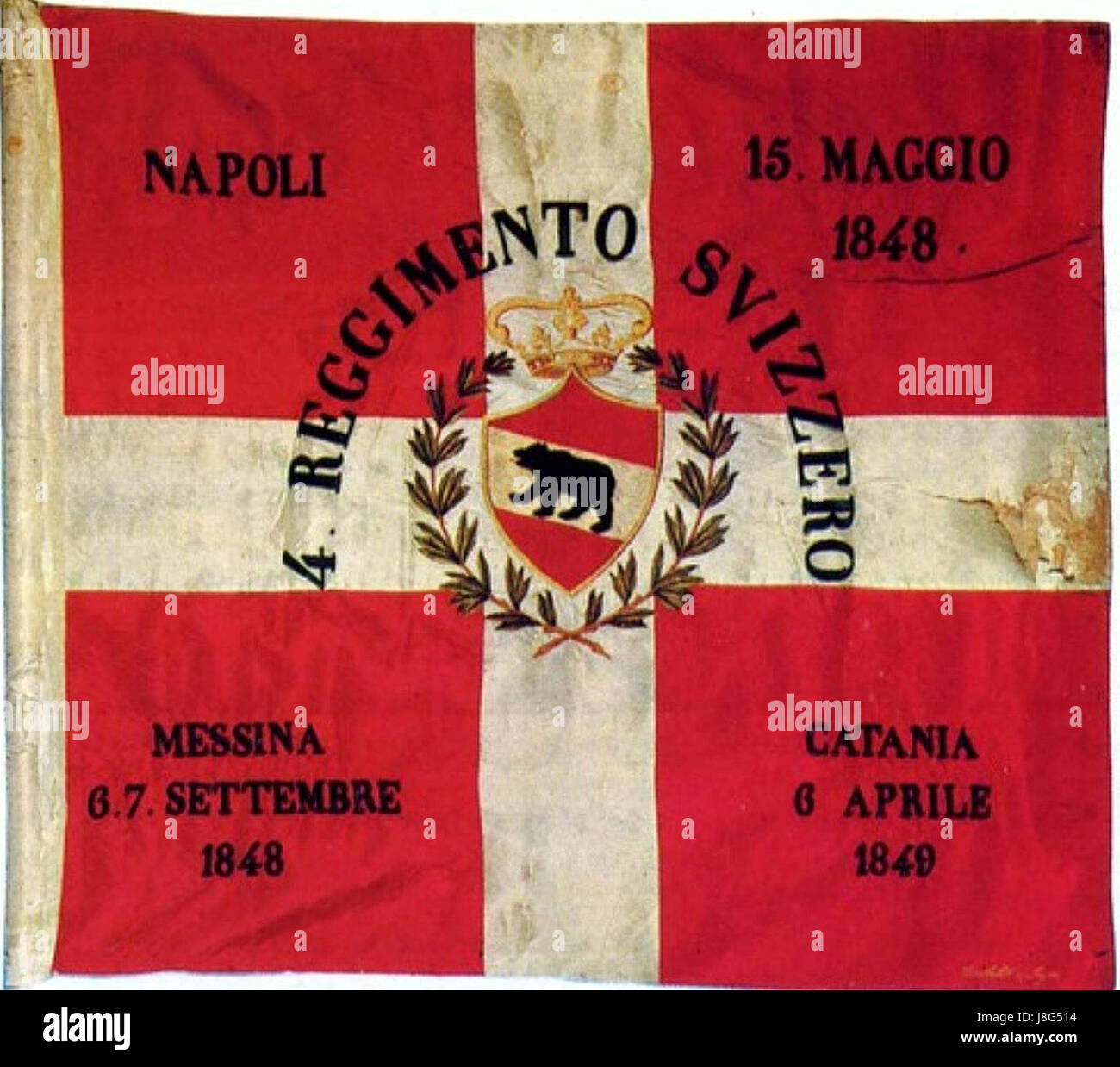 The Flagge 4. Il reggimento è una bandiera militare che rappresenta il 4th Regiment, probabilmente associata a un'unità militare storica. Serve come simbolo del patrimonio militare e dell'orgoglio regale. Foto Stock