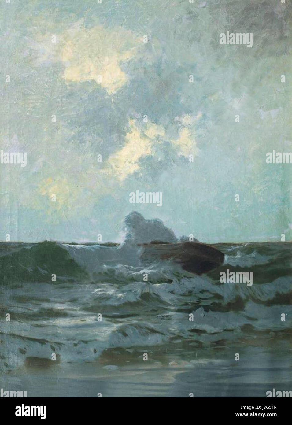 Il "Rettungsboot in der Brandung" di Hans Petersen cattura la scena drammatica di una scialuppa di salvataggio che lotta contro le onde turbolente. Questo dipinto enfatizza il potere dell'oceano e la resilienza umana. Foto Stock