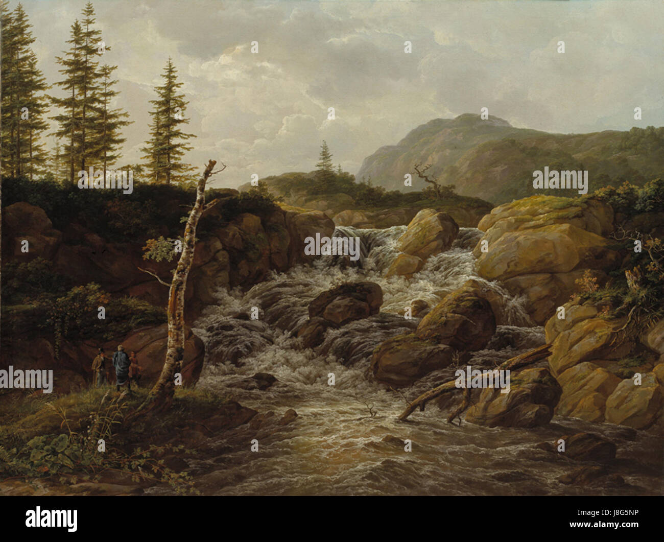 Questo dipinto, Norsk fjeldlandskab med et vandfald di Johan Christian Clausen Dahl, raffigura un paesaggio montano norvegese con una cascata, che mostra lo stile romantico e l'apprezzamento per la natura nell'arte scandinava del XIX secolo. Foto Stock