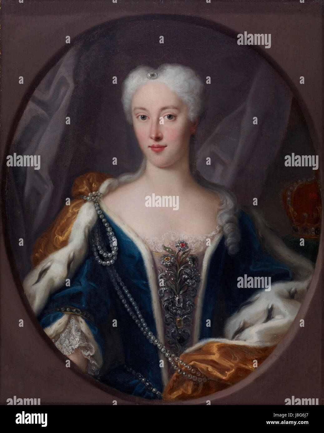 Questo ritratto di Maria Clementina Sobieska, dipinto dalla scuola veneziana nel XVIII secolo, cattura l'eleganza della principessa polacca, nota per il suo lignaggio reale e il matrimonio con Giacomo Francesco Edoardo Stuart. Foto Stock