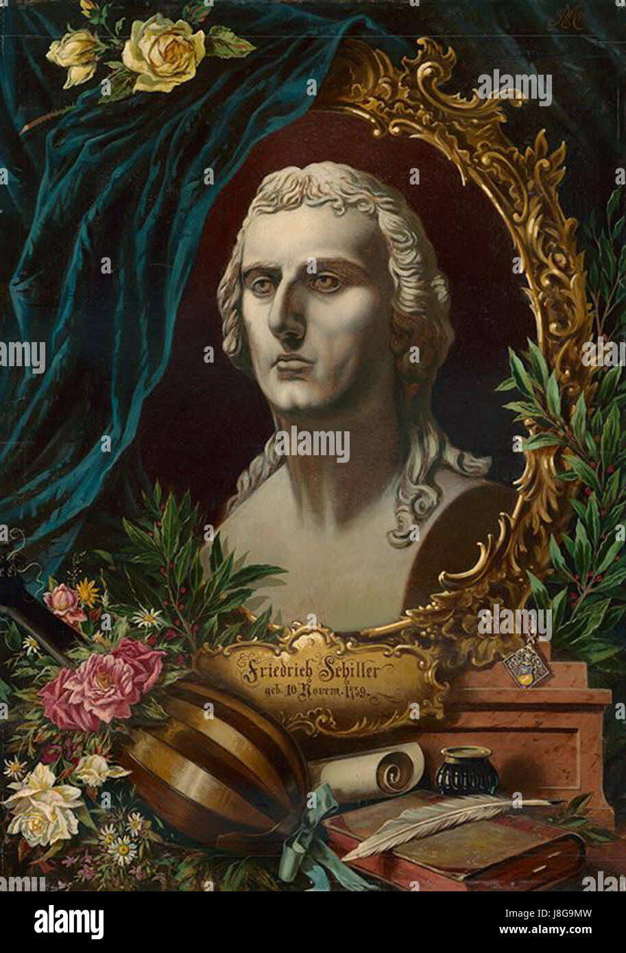 "Apotheosis di Friedrich Schiller" (1898) di Eduard Majsch è un'opera d'arte che raffigura l'elevazione e la deificazione del poeta tedesco Friedrich Schiller. Questo pezzo simboleggia il significato culturale e intellettuale di Schiller nella storia tedesca. Foto Stock