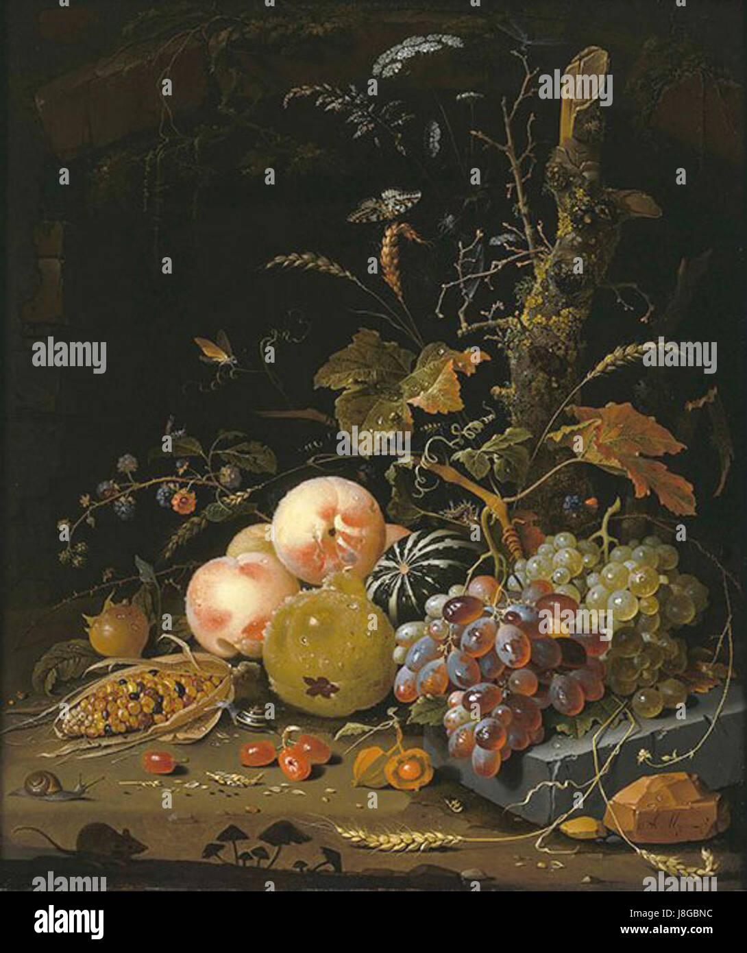 Questo dipinto di natura morta di Abraham Mignon raffigura una varietà di frutti in un ambiente boschivo, mostrando l'abilità di Mignon nel rendere i dettagli naturali. Il pezzo è rappresentativo della natura morta olandese del XVII secolo. Foto Stock