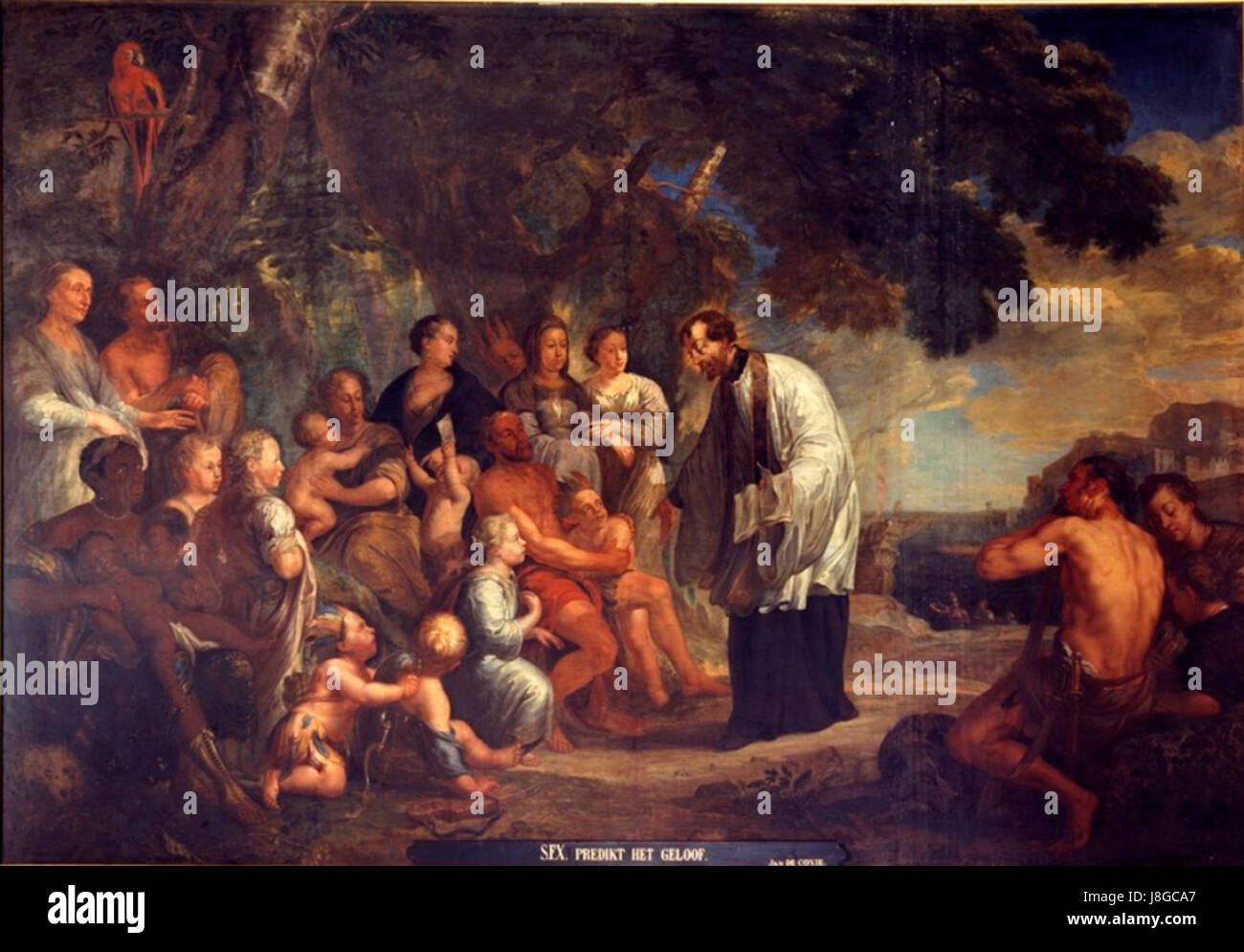 Questo dipinto di Jan Michiel Coxie raffigura San Francesco che spiega la sua missione presso un re indiano. Riflette l'opera missionaria e l'influenza religiosa durante il periodo rinascimentale. Foto Stock