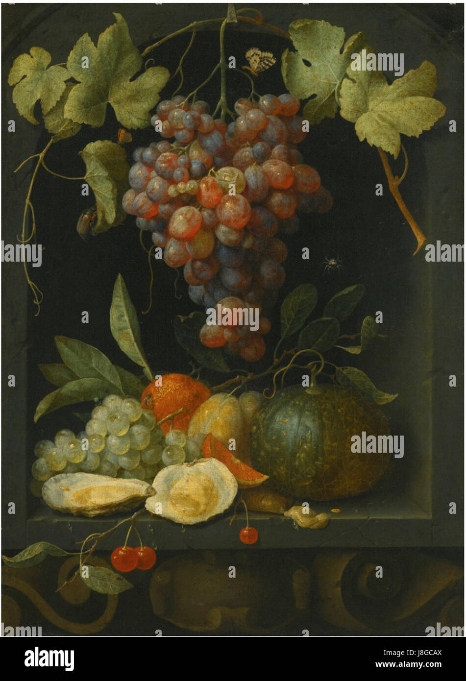 Questa natura morta del XVII secolo di Joris van Son presenta una disposizione dettagliata di uva, melone, arancia, prugne e ostriche collocate in una nicchia di pietra. Noto per il suo stile realistico, il lavoro di van Son cattura la texture e la vivacità dei soggetti. Foto Stock