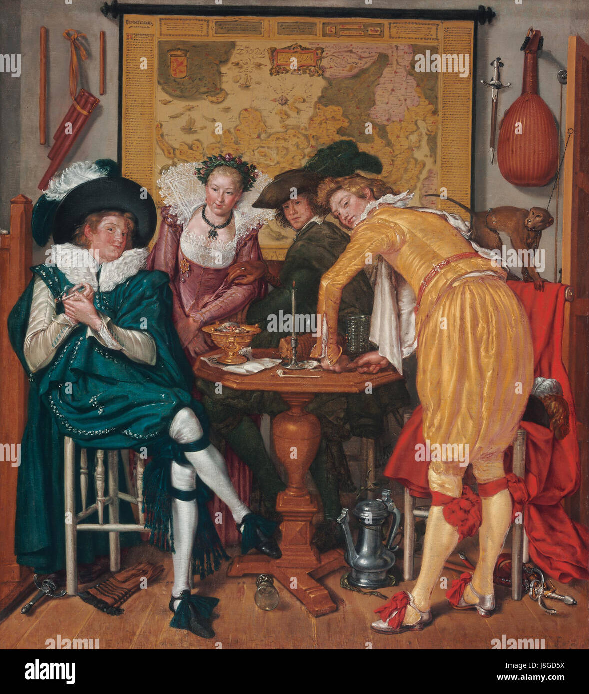 Elegant Company, dipinta da Willem Buytewech, ritrae un sofisticato raduno in un ambiente olandese del XVII secolo. Il dipinto mette in risalto la raffinata moda e le dinamiche sociali del tempo, mostrando l'estetica culturale del secolo d'oro olandese. Foto Stock