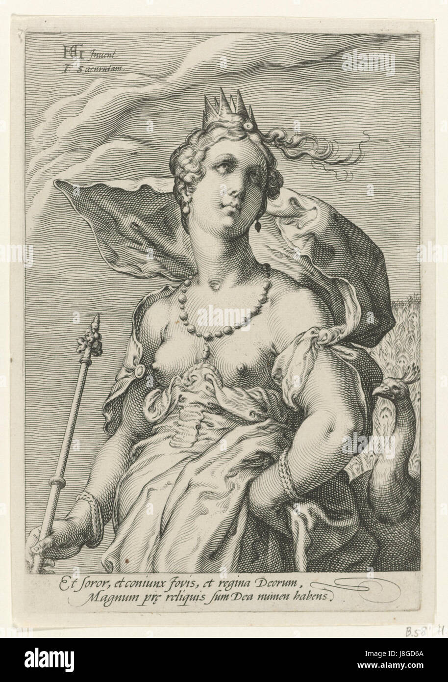 Questa incisione, intitolata *Juno*, è stata creata dall'artista olandese *Jan Saenredam* tra il 1575 e il 1607. Ritrae la dea romana Giunone, nota per la sua associazione con il matrimonio e la fertilità, resa in uno stile classico dettagliato. Foto Stock
