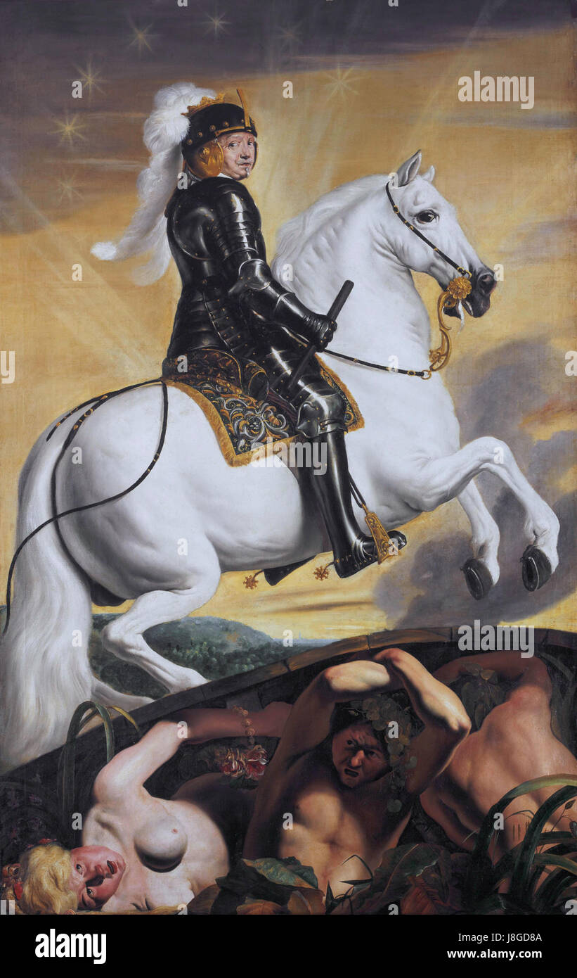 Il dipinto "Frederik Hendrik as Man at Arms ruling the Waters" di Jacob van Campen raffigura il principe olandese come una potente figura militare, simboleggiando il suo ruolo nel dominio navale durante il XVII secolo. Foto Stock