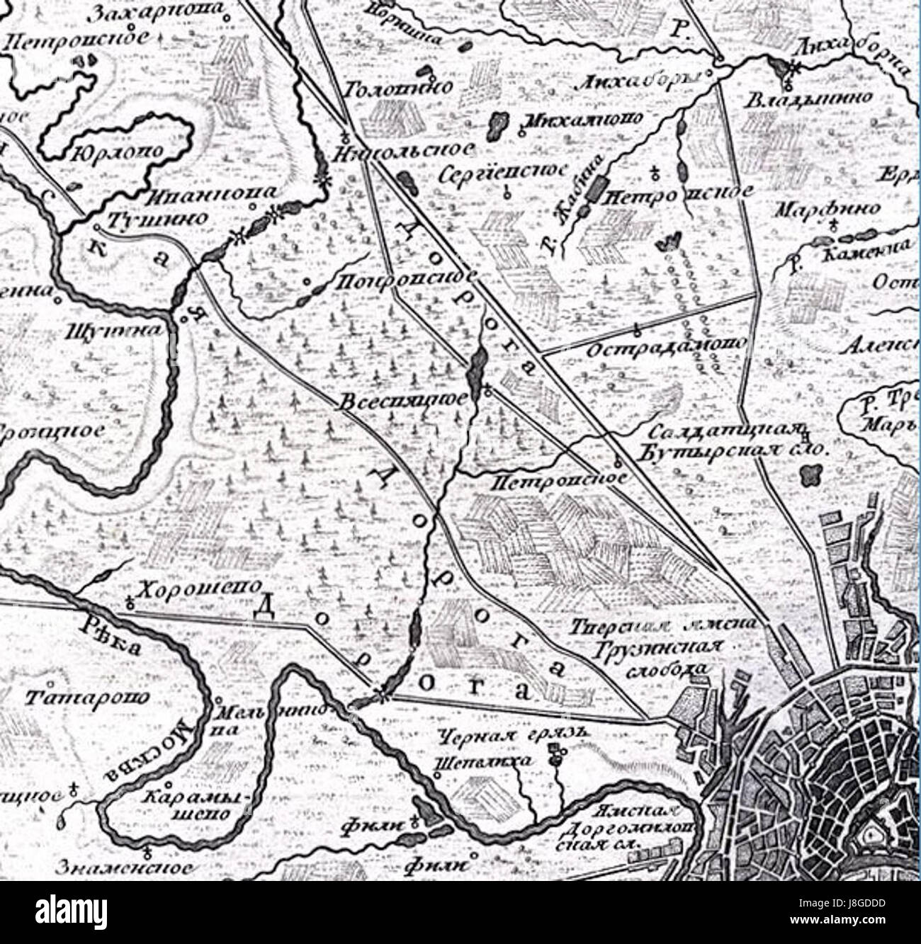 Una mappa storica o un riferimento dalla regione nord-occidentale di Mosca, raffigurante le sue aree urbane e rurali, e forse lo sviluppo e le infrastrutture durante la fine del XVIII secolo. Foto Stock