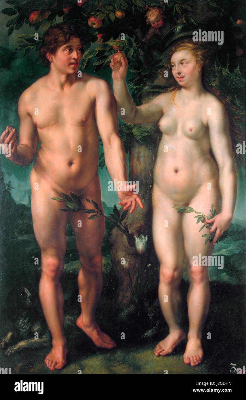"La caduta dell'uomo", un'incisione di Hendrick Goltzius, raffigura la scena biblica di Adamo ed Eva nel Giardino dell'Eden. Questa opera d'arte, creata nel tardo XVI secolo, riflette l'abilità di Goltzius nel catturare dettagli intricati ed espressioni emotive. Foto Stock