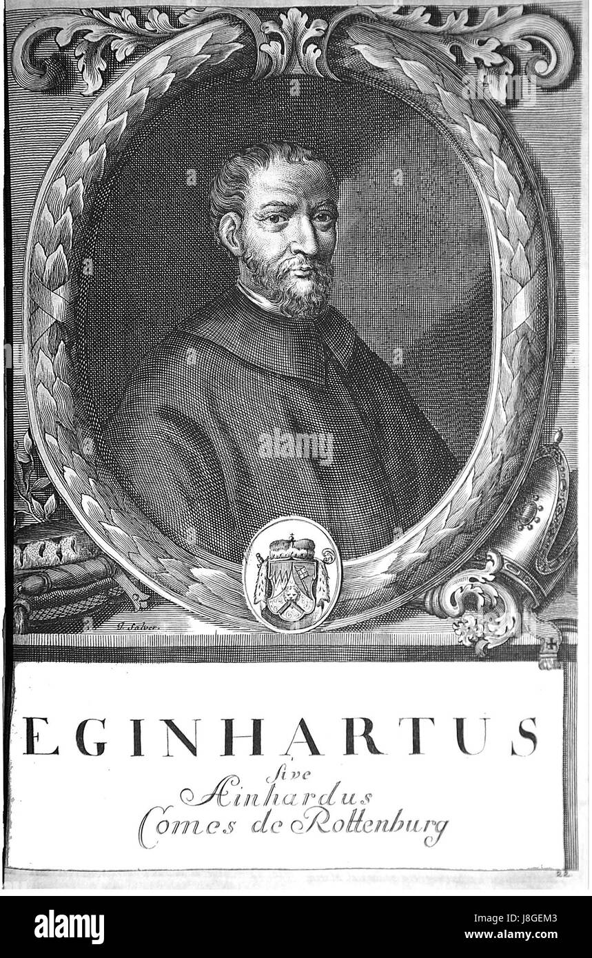 Questo titolo sembra riferirsi a un'opera legata al primo periodo medievale, forse coinvolgendo temi storici o religiosi della vita di un individuo di nome Eginhartus, che fu uno studioso e figura importante durante il Rinascimento carolingio. Foto Stock