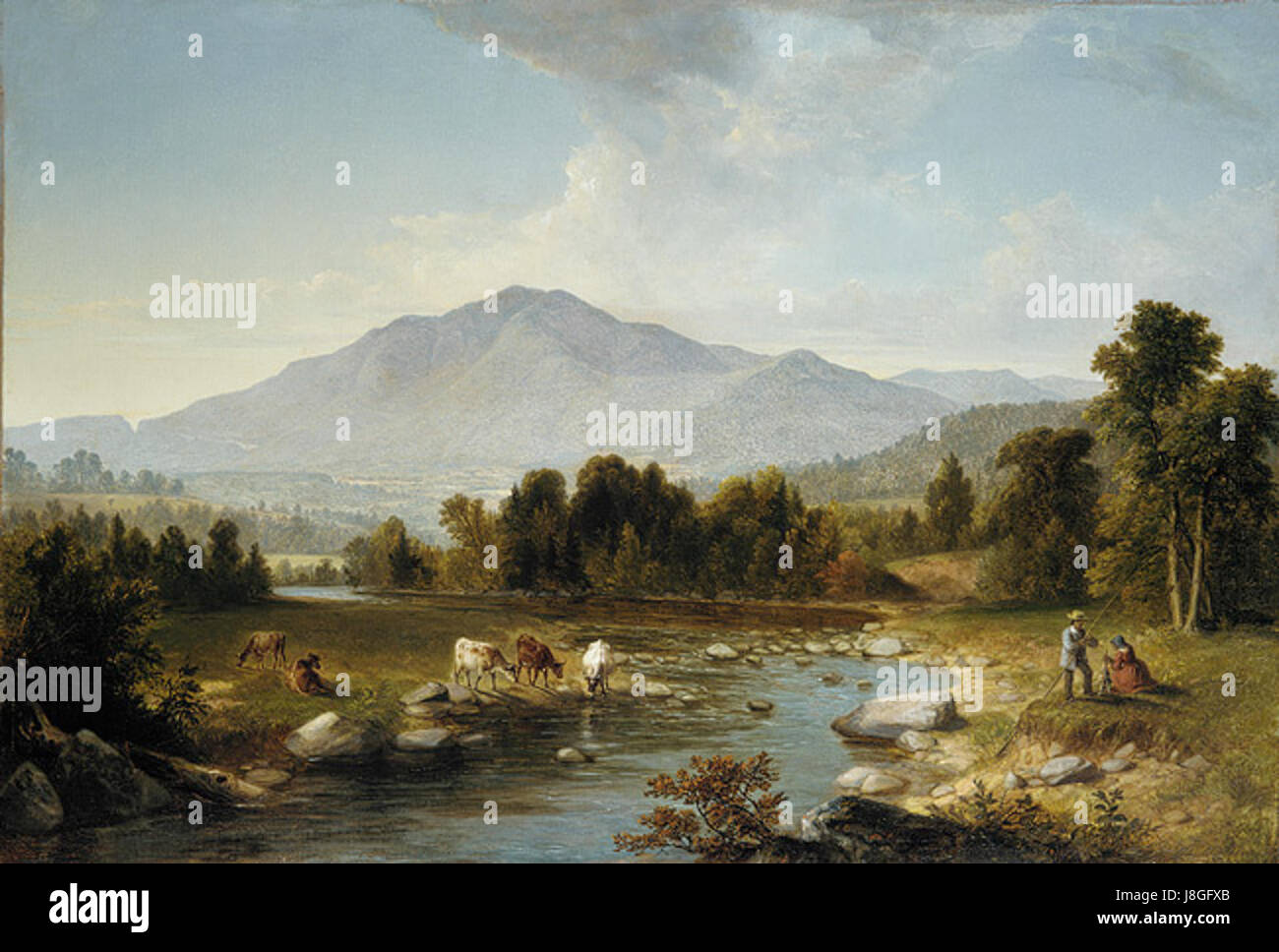 Il dipinto di Asher B. Durand 'High Point Shandaken Mountains' mostra una vista panoramica delle Shandaken Mountains, raffigurante la bellezza del paesaggio americano. Noto per il suo ruolo nella Hudson River School, Durand cattura l'ambiente naturale con precisione e maestria. Foto Stock