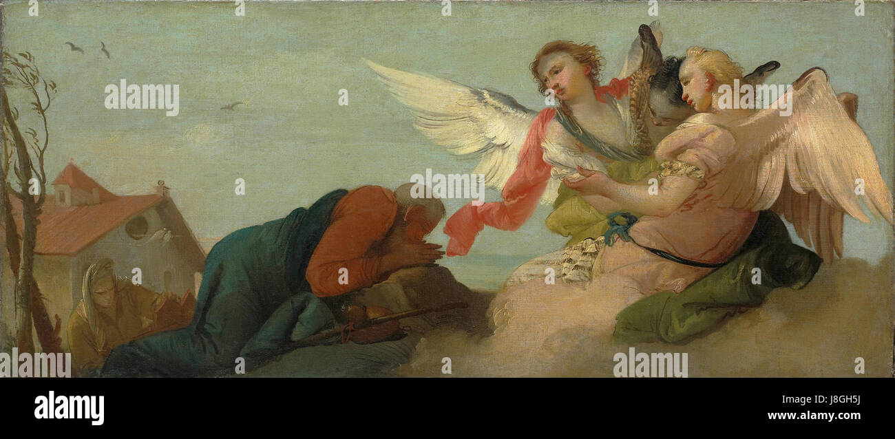 "Abramo e i tre Angeli" è un dipinto di Francesco Zugno, che raffigura la scena biblica in cui Abramo ospita tre angeli. L'opera è nota per la sua composizione e rappresentazione della narrazione biblica. Foto Stock