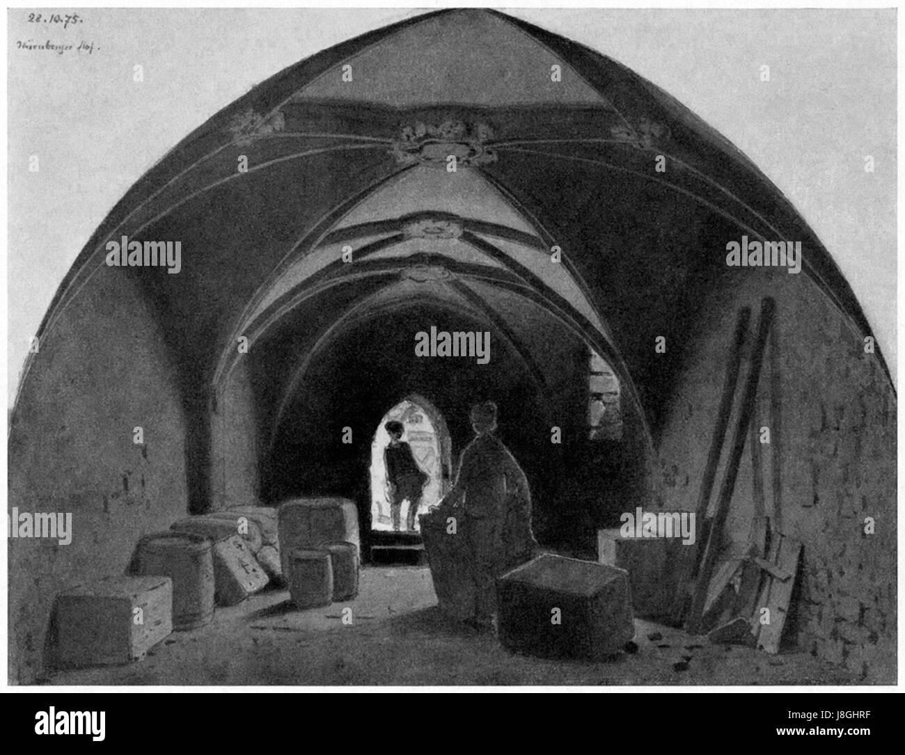 Una fotografia architettonica della volta a prova di fuoco al NÃ¼rnberger Hof di Francoforte sul meno, progettata da Reiffenstein. L'immagine mostra l'innovazione ingegneristica e il significato storico del design del buildingâ. Foto Stock