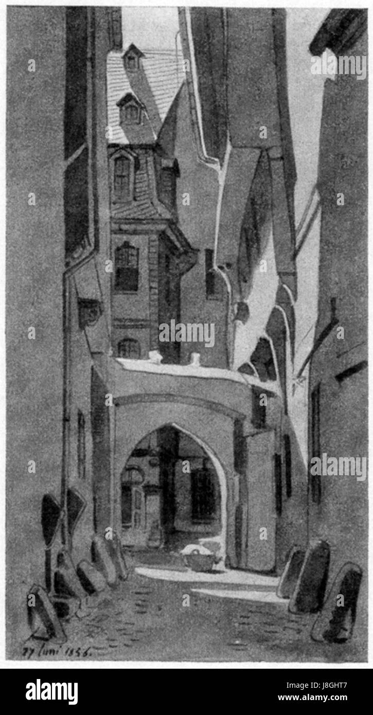 Una descrizione dell'ingresso meridionale del Nürnberger Hof a Francoforte sul meno, in Germania, situato dietro le località di Laemmchen e Reiffenstein, che mostra i dettagli architettonici della zona. Foto Stock