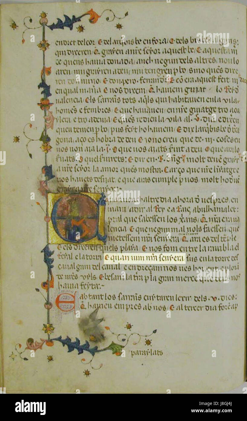 Il *Llibre dels Feyts* (Libro dei fatti) è un testo storico catalano che racconta le azioni di Giacomo i d'Aragona. Questa particolare parte si riferisce alla bandiera catalana, o *senyera*, evidenziando la sua importanza simbolica nell'identità e nella storia catalana. Foto Stock