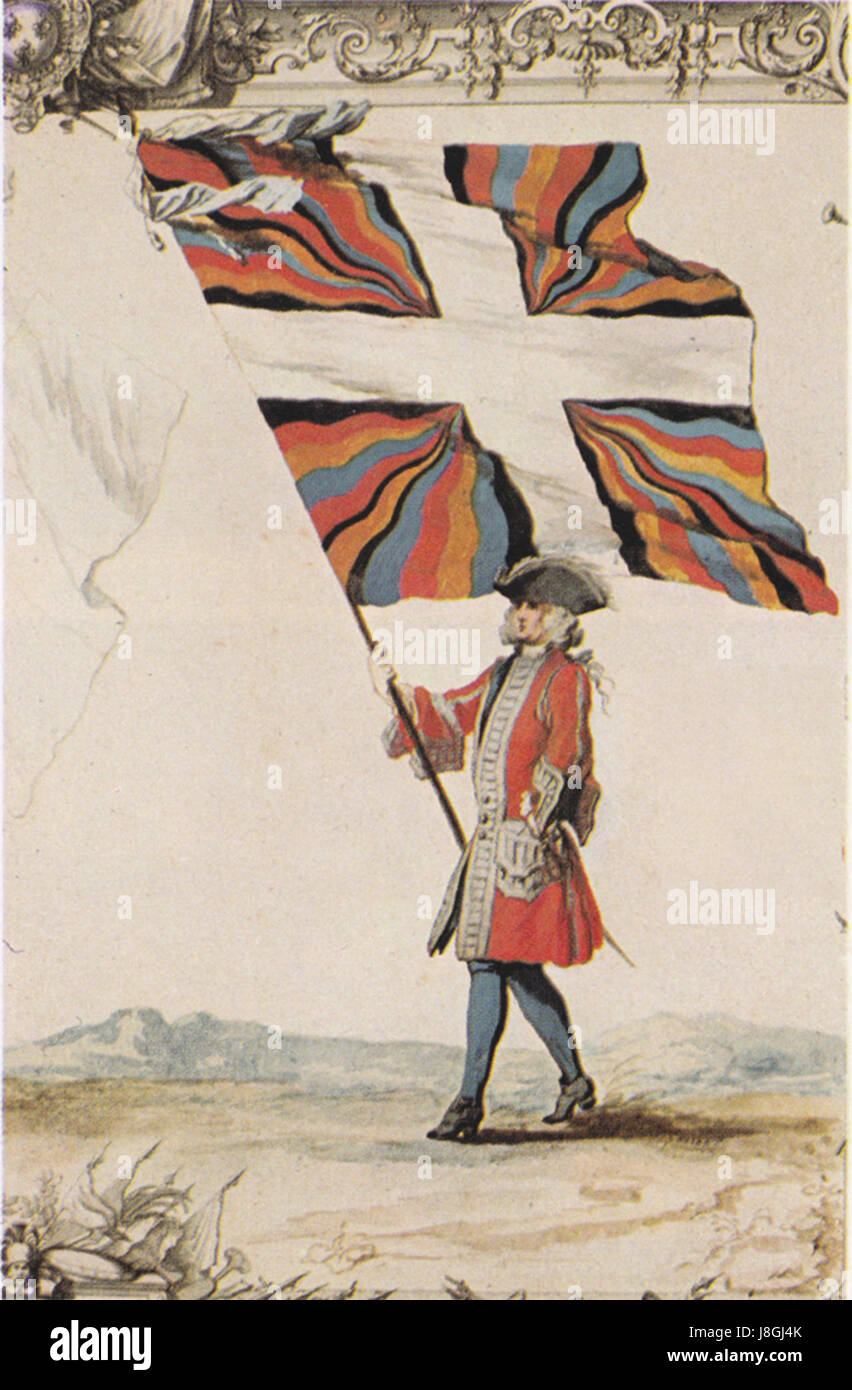 Questa bandiera appartiene al reggimento della Guardia Svizzera in Francia, risalente al 1721. La Guardia Svizzera era un'unità militare d'élite che serviva in vari paesi europei, in particolare per proteggere la monarchia francese. Foto Stock