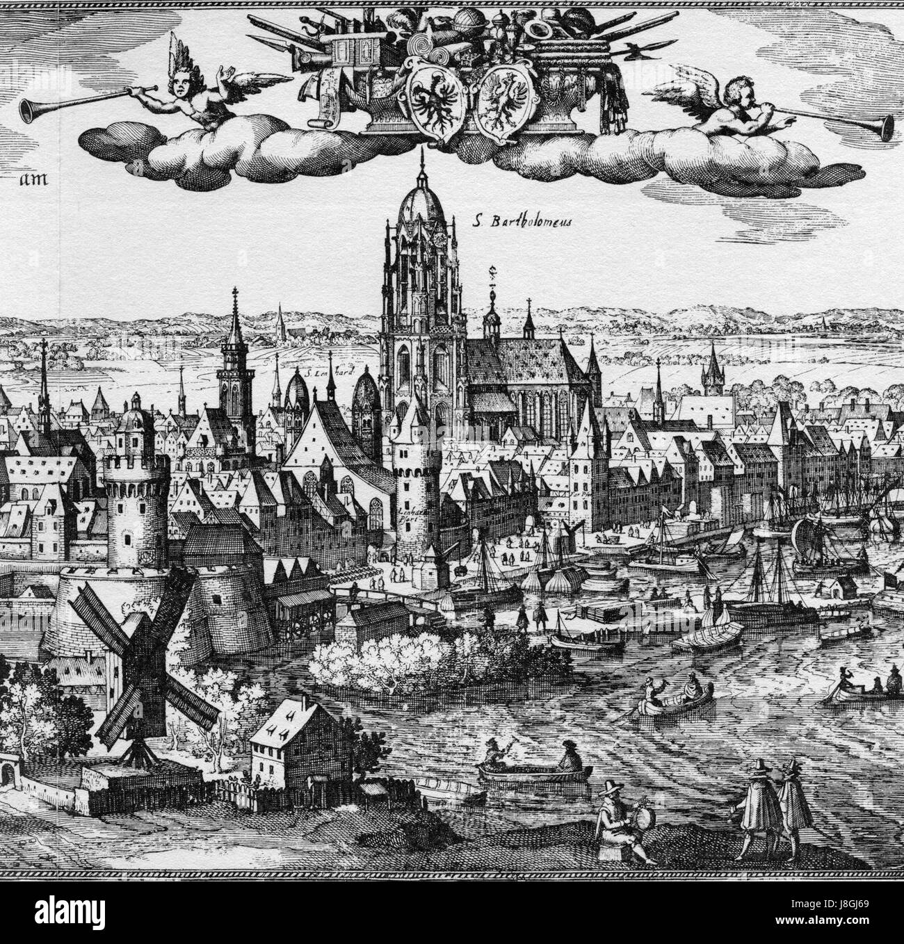 L'MK Frankfurt Merian Stadtansicht è una mappa storica di Francoforte, Germania, creata dall'artista Merian. Offre una vista dettagliata della struttura della città, compresi i monumenti e le caratteristiche architettoniche notevoli da una prospettiva storica. La mappa è un importante documento storico che riflette lo sviluppo della città. Foto Stock