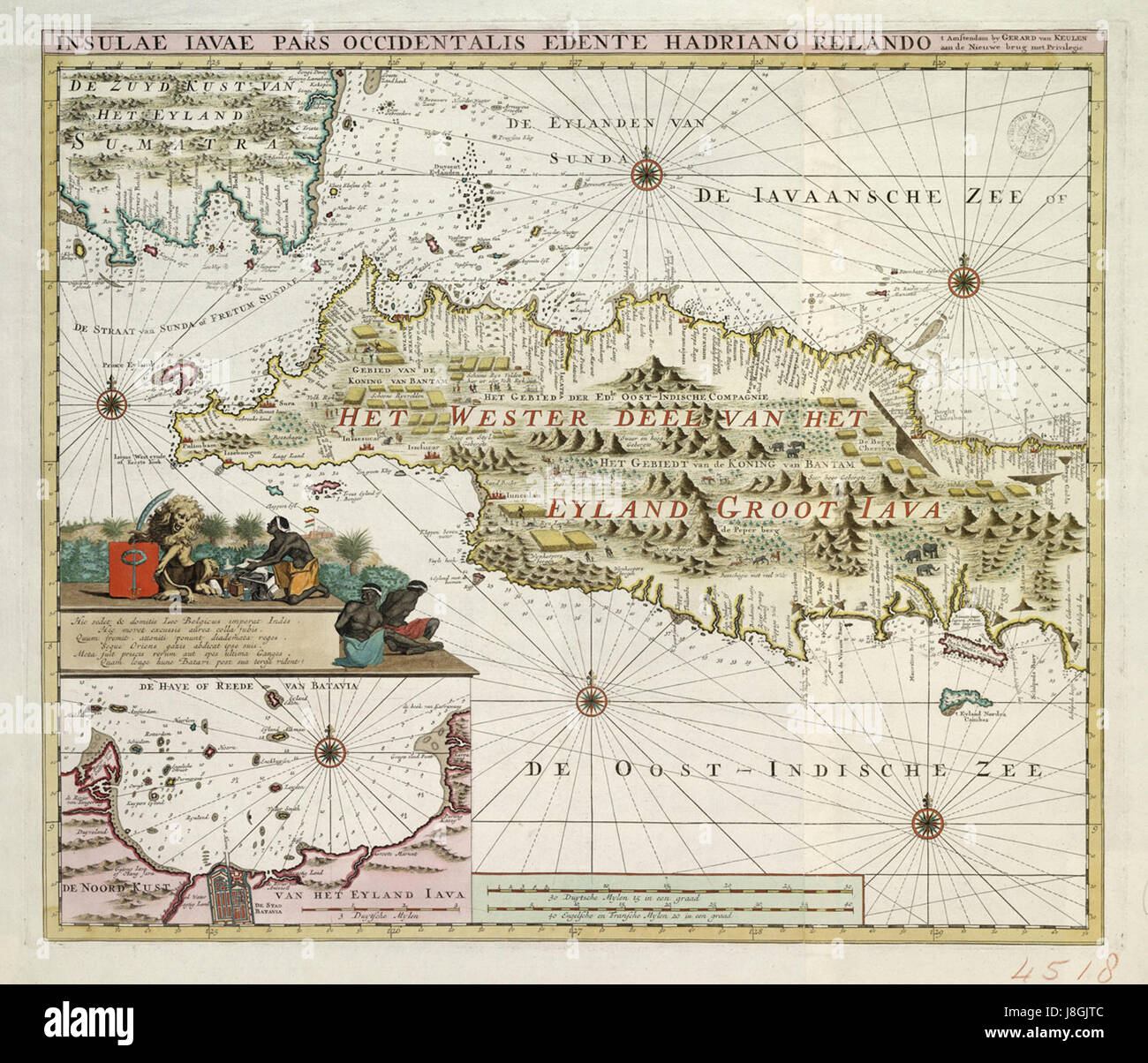 Questa mappa del 1718 descrive in dettaglio la geografia di Giava occidentale, fornendo preziose informazioni sulla topografia della regione, i monumenti e le caratteristiche geografiche come si è capito all'inizio del XVIII secolo. Foto Stock