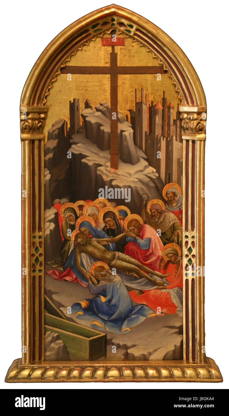 Il "Lamentazione" di Lorenzo Monaco è un dipinto rinascimentale che raffigura il lutto di Cristo dopo la sua crocifissione. L'opera è nota per il suo uso di luce, colore e simbolismo religioso, tipico dell'arte devozionale di Monaco. Foto Stock