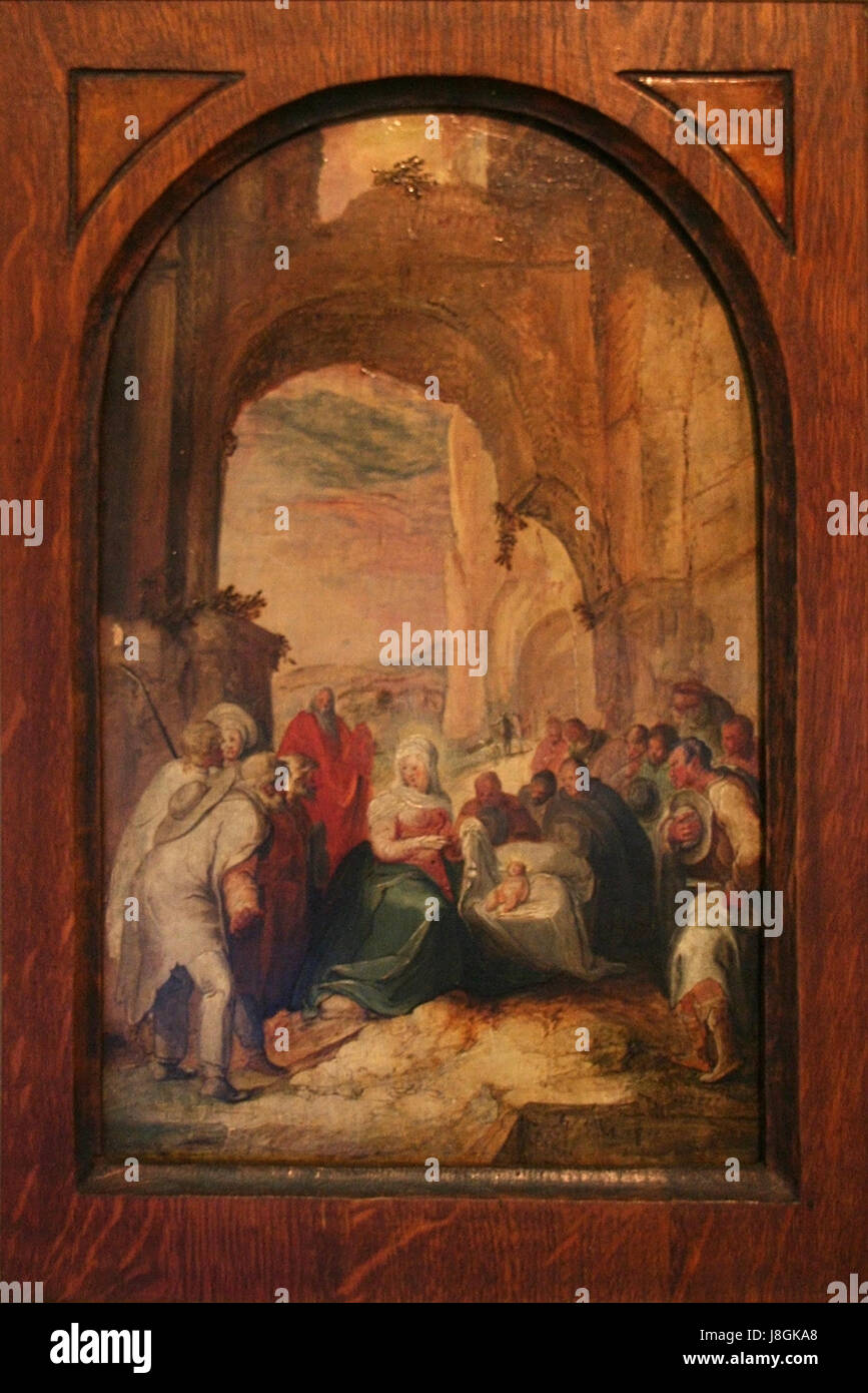 "L'Adorazione dei pastori" di Karel van Mander è un noto dipinto che raffigura la scena biblica dei pastori che adorano il neonato Cristo. Il dipinto è noto per la sua rappresentazione artistica del presepe. Foto Stock