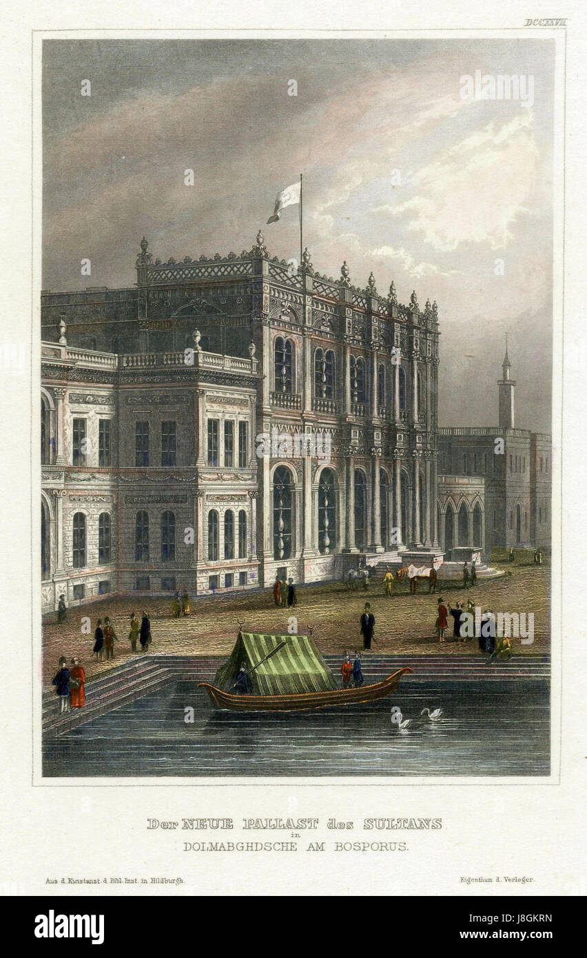 Der Neue Pallast des Sultans, o il nuovo Palazzo del Sultano, si riferisce al palazzo reale ottomano situato a Istanbul, che mostra una miscela di stili architettonici influenzati da elementi ottomani ed europei. Foto Stock