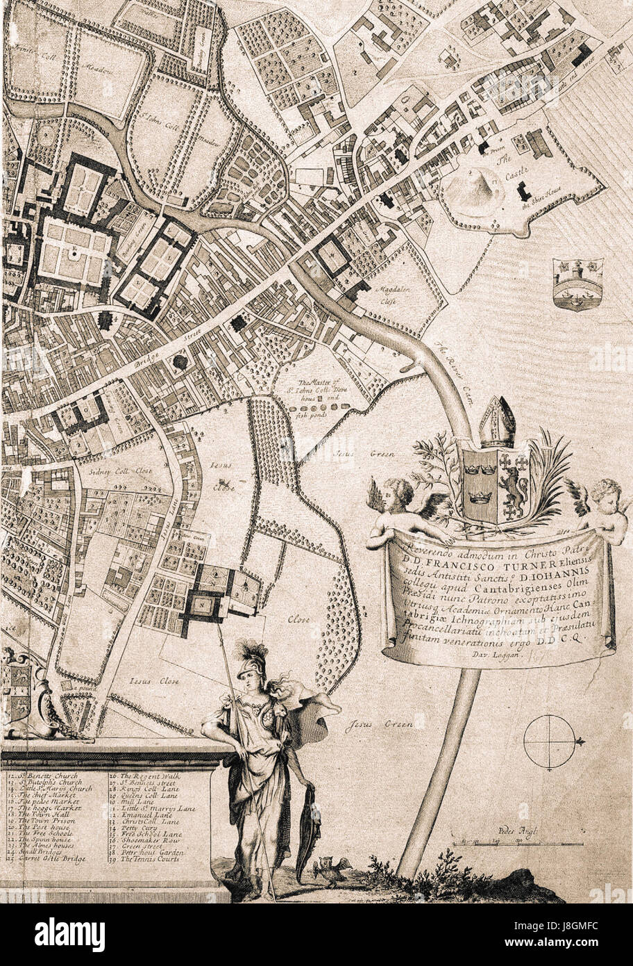 Questa mappa di Cambridge del 1690 di Loggan fornisce una vista dettagliata della città durante la fine del XVII secolo. Si tratta di un importante documento storico che illustra la struttura della città, i punti di riferimento chiave e la geografia locale. Foto Stock