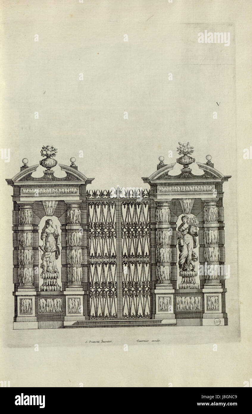 Livre d'Architecture di A. Francini è un'opera architettonica storica che esplora il design e i principi dell'architettura toscana. Questa pagina particolare, la placca 05, si concentra sulle porte e gli ingressi toscani. Foto Stock