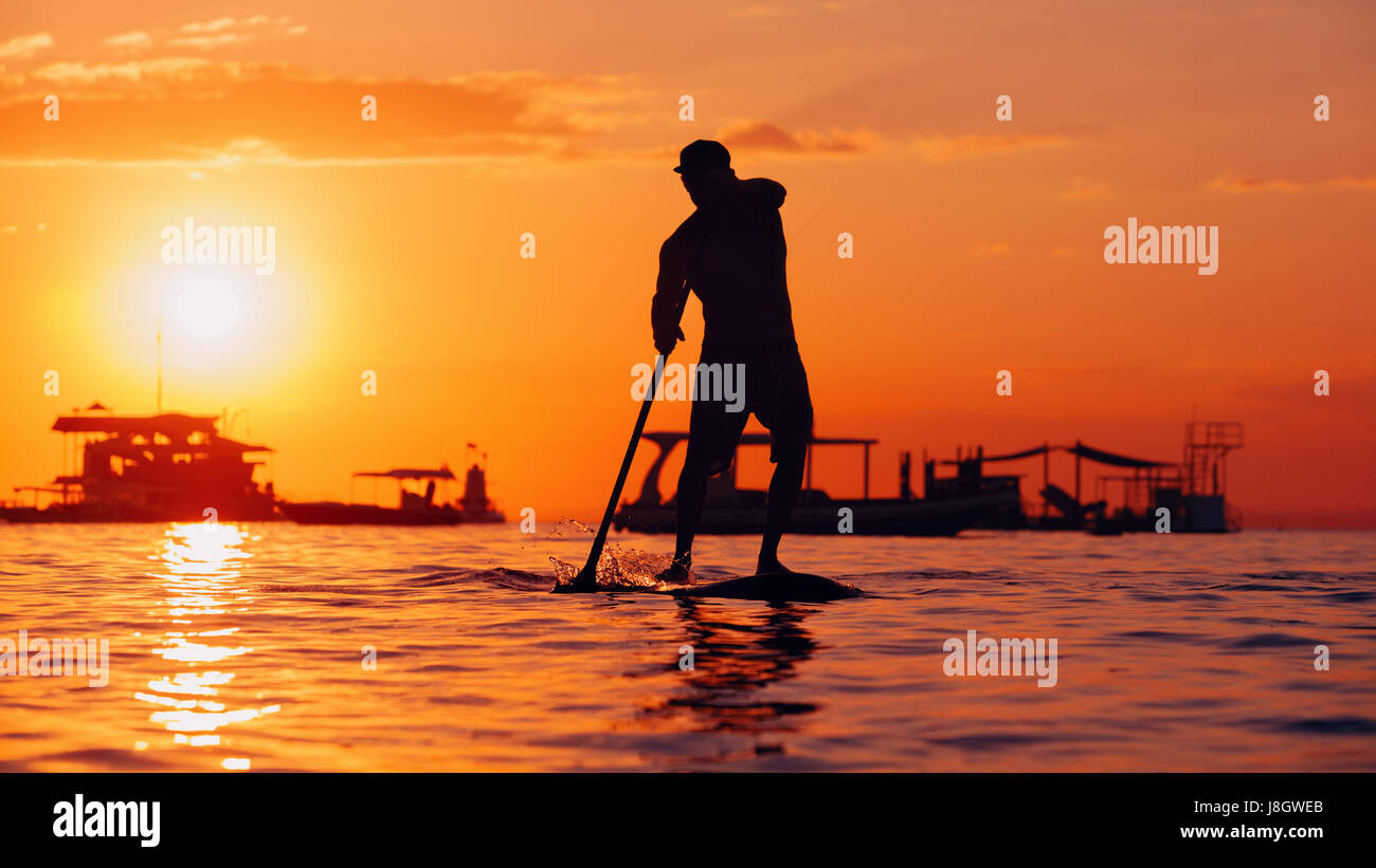 Active paddle boarder. Nero silhouette al tramonto del giovane atleta paddling in stand up paddleboard. Uno stile di vita sano. Sport d'acqua, SUP surf tour Foto Stock