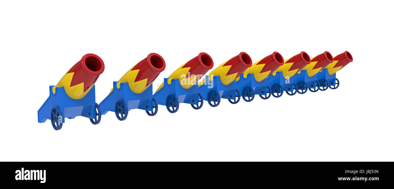 Otto cannoni colorati, rendering 3D, su sfondo bianco Foto Stock