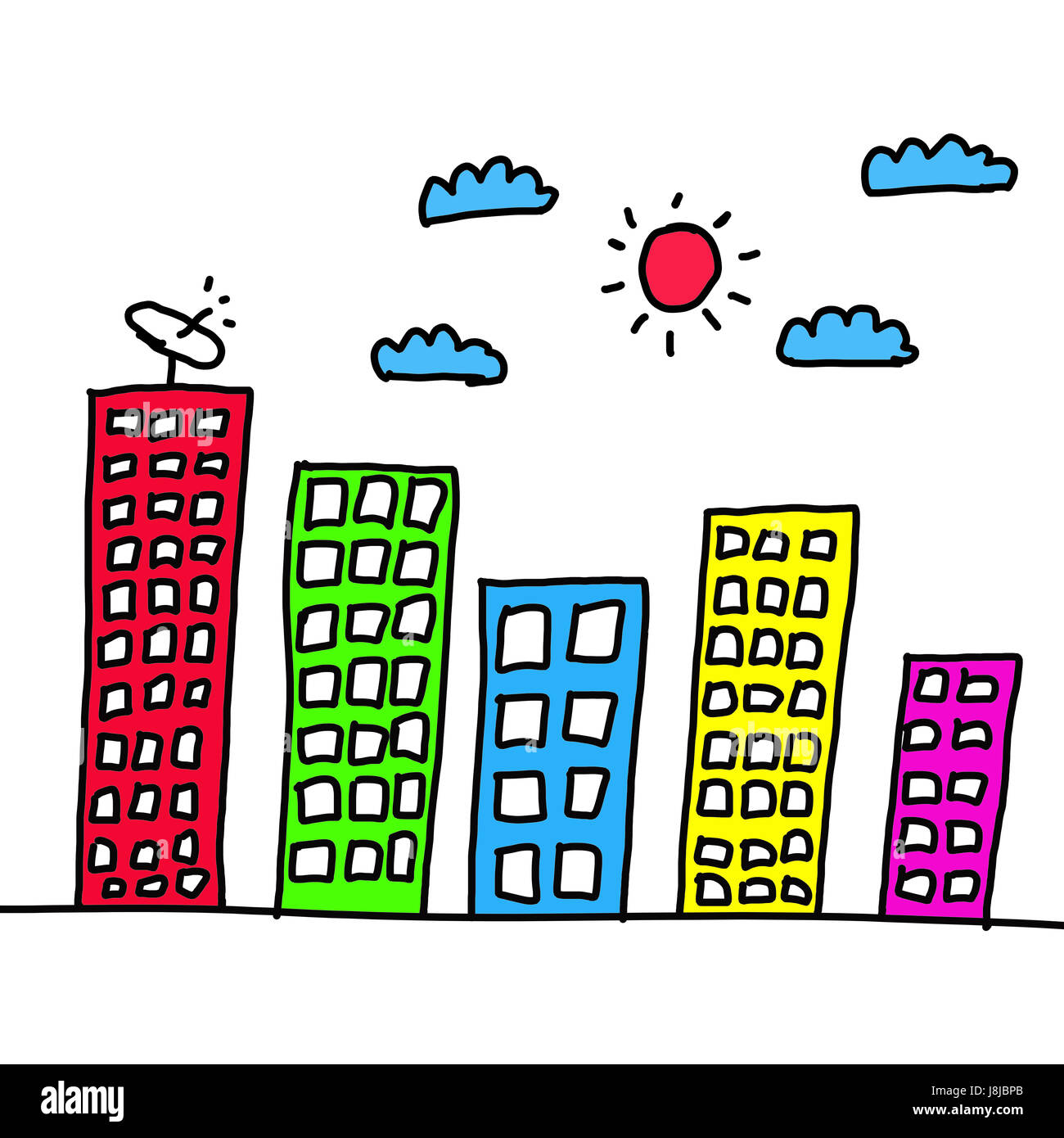 Grattacieli di colorati disegnati a mano in concetti di presentazione e idee di business isolati su sfondo bianco, Foto Stock