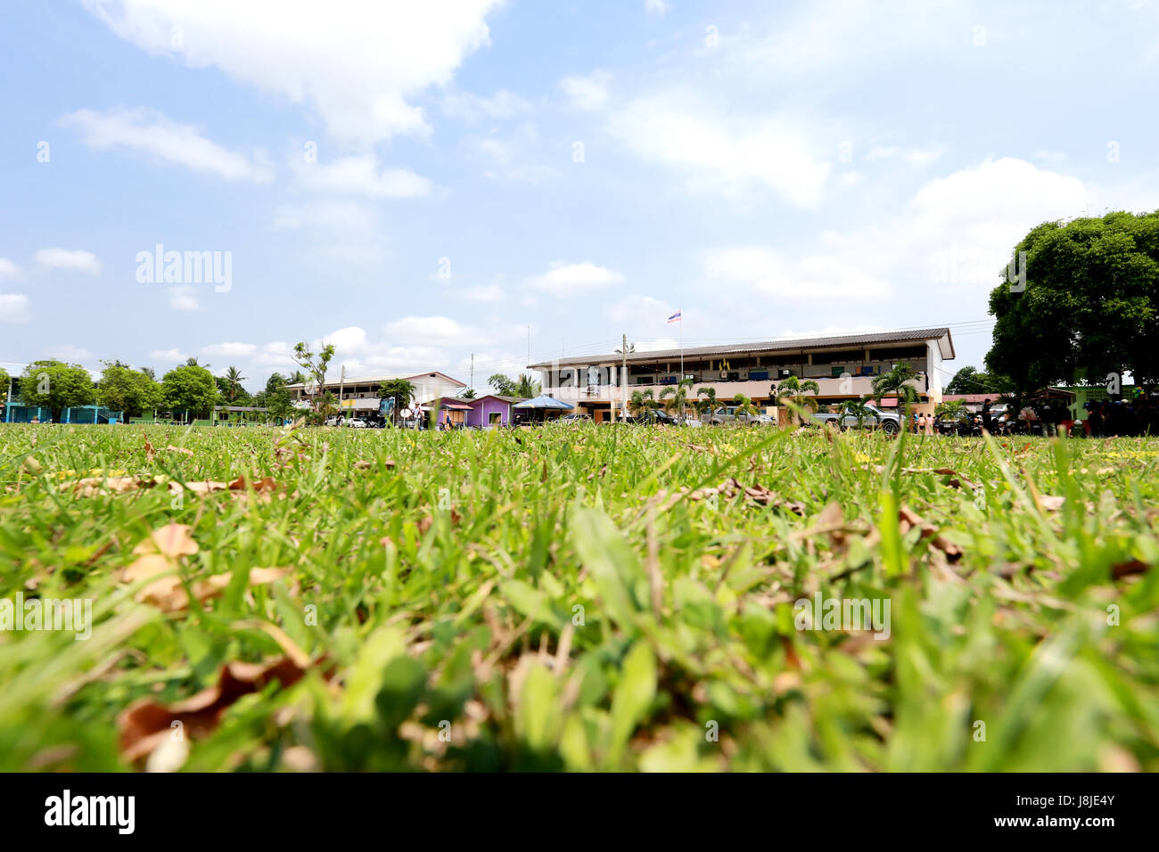 Campo verde e blue sky di scuola vista,prato verde per la natura progettuale dello sfondo. Foto Stock