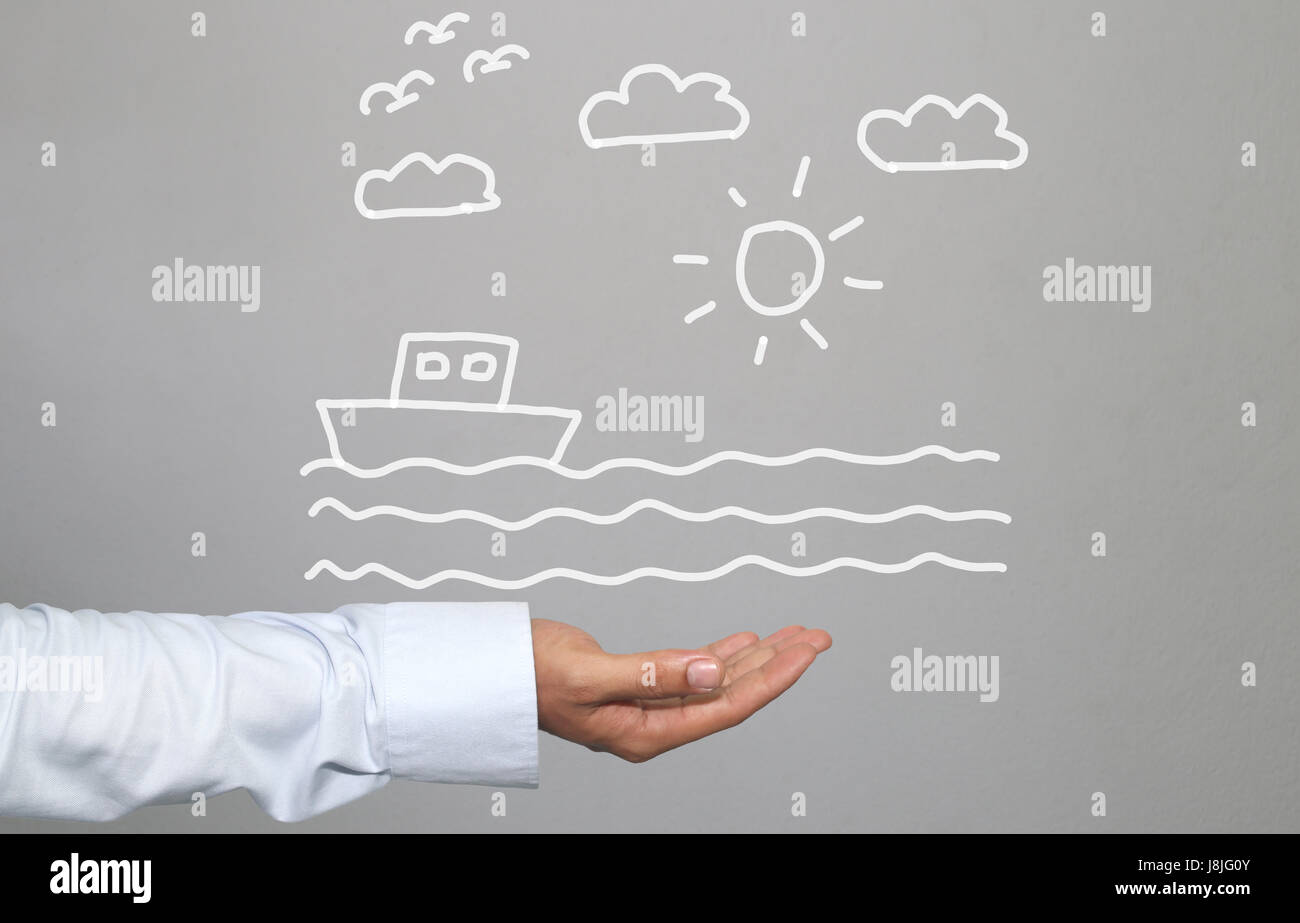 Mano di imprenditore e disegnati a mano la barca in mare per idea presentazione nella vostra organizzazione e lavoro. Foto Stock