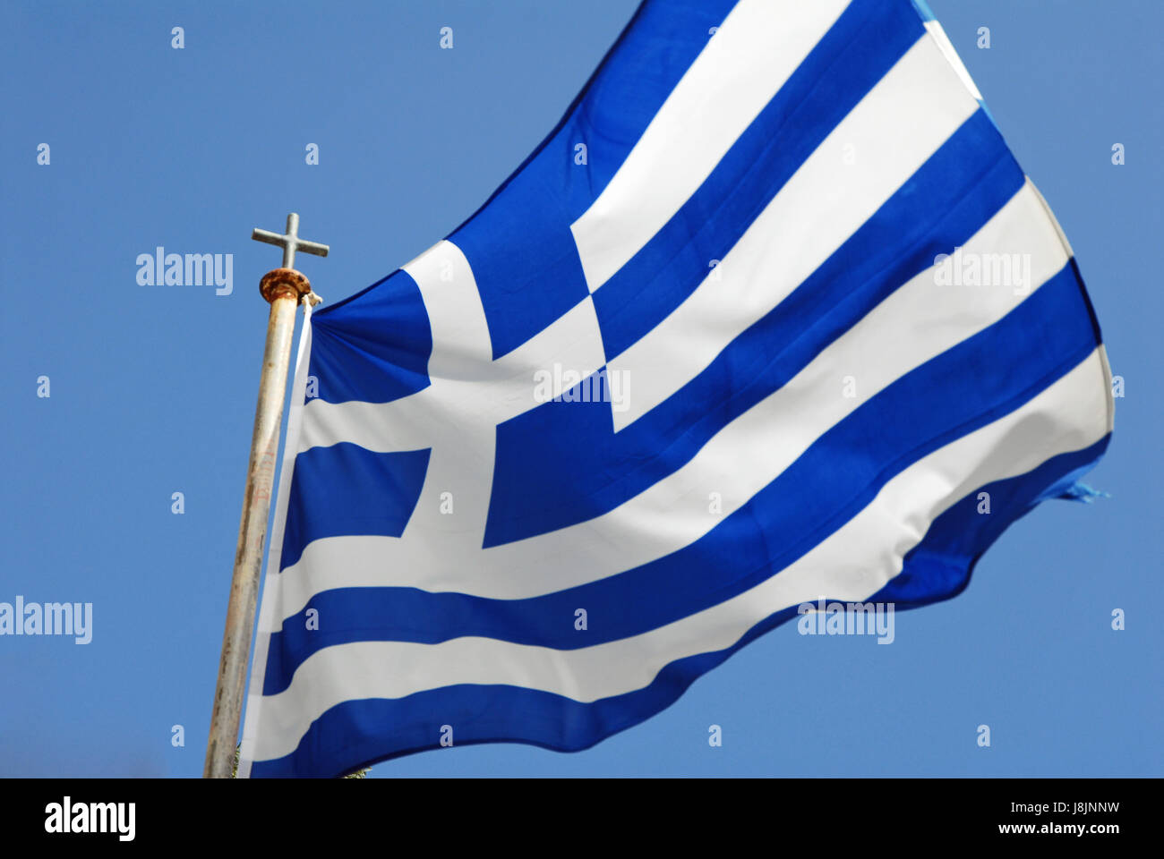 La Grecia, a bandiera blu, croce, Grecia, striata, bandiera, montante, Flagstaff, sfondo, Foto Stock