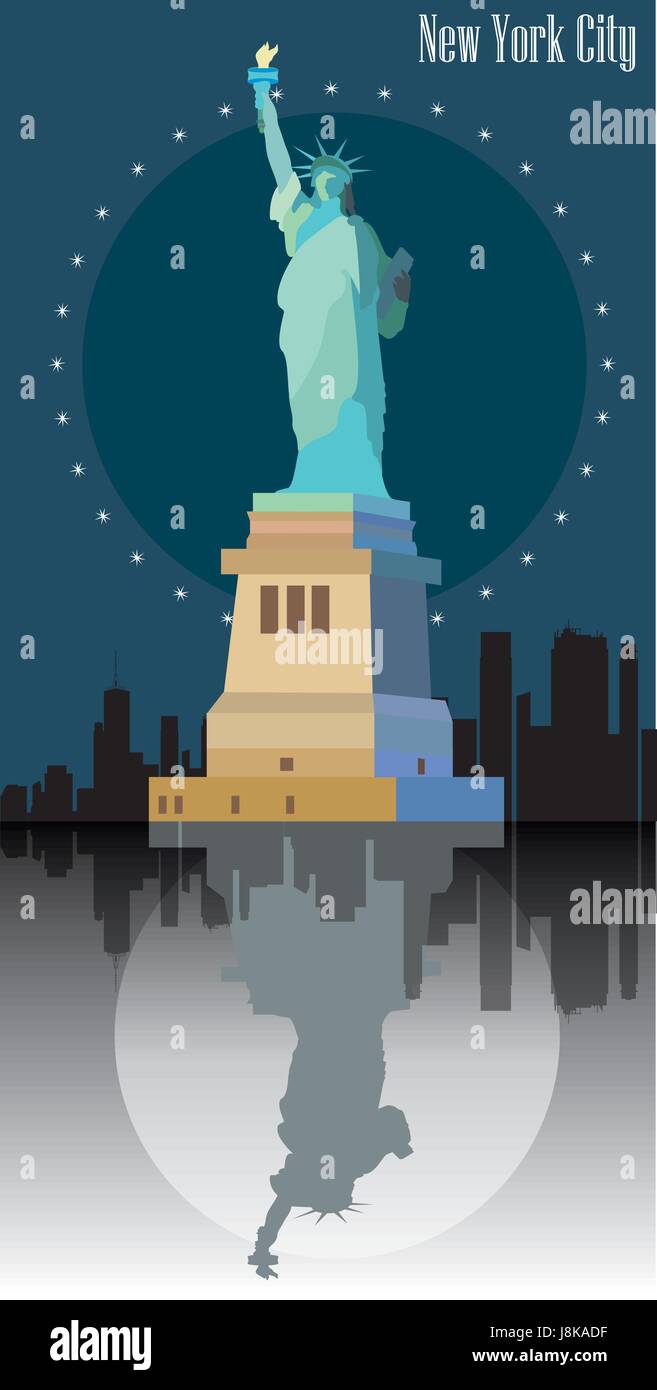 Statua della libertà ( la Statua della Libertà) su sfondo blu di New York. Coloratissima immagine vettoriale Illustrazione Vettoriale