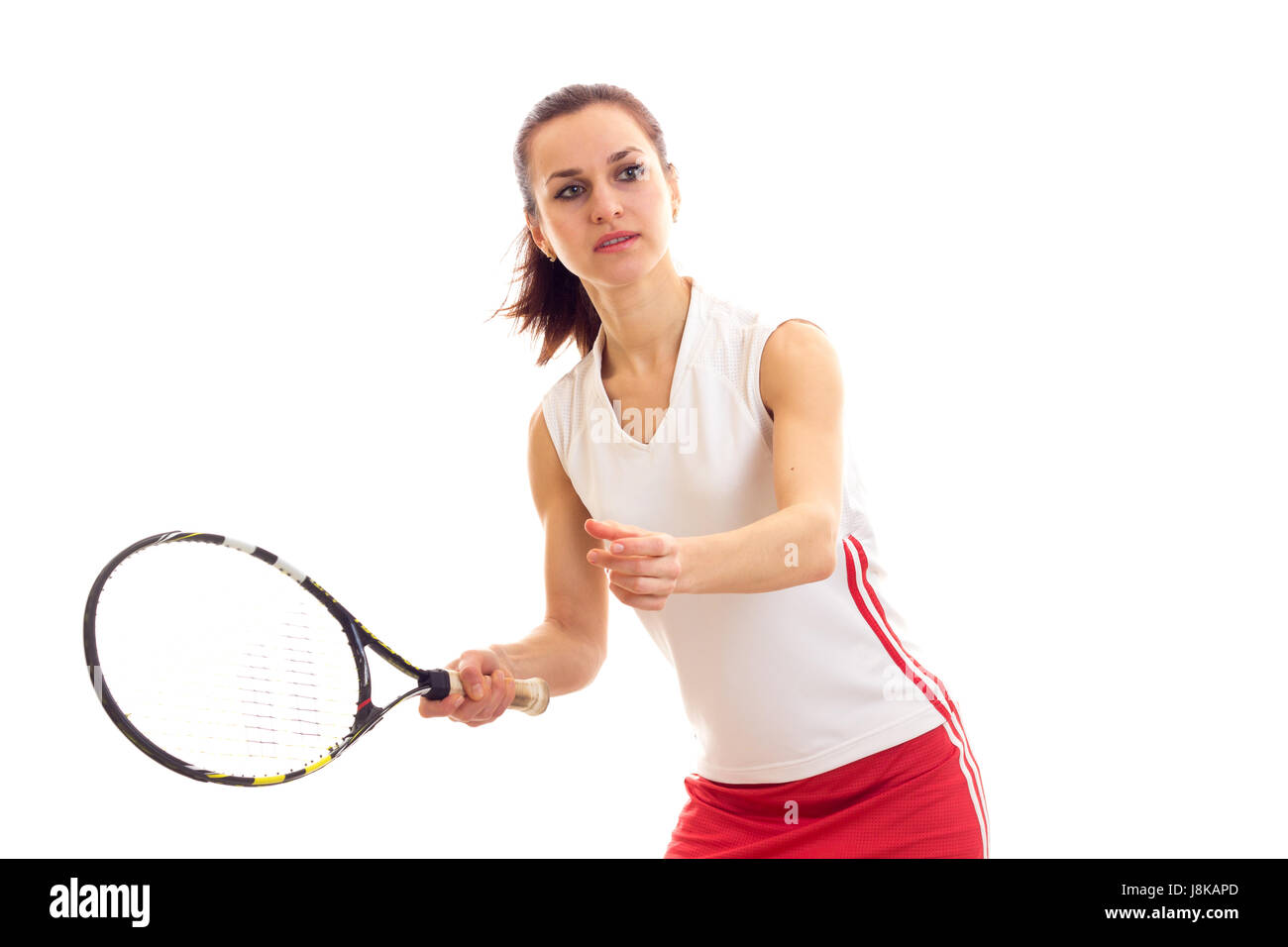 Donna con la racchetta da tennis e sfera Foto Stock
