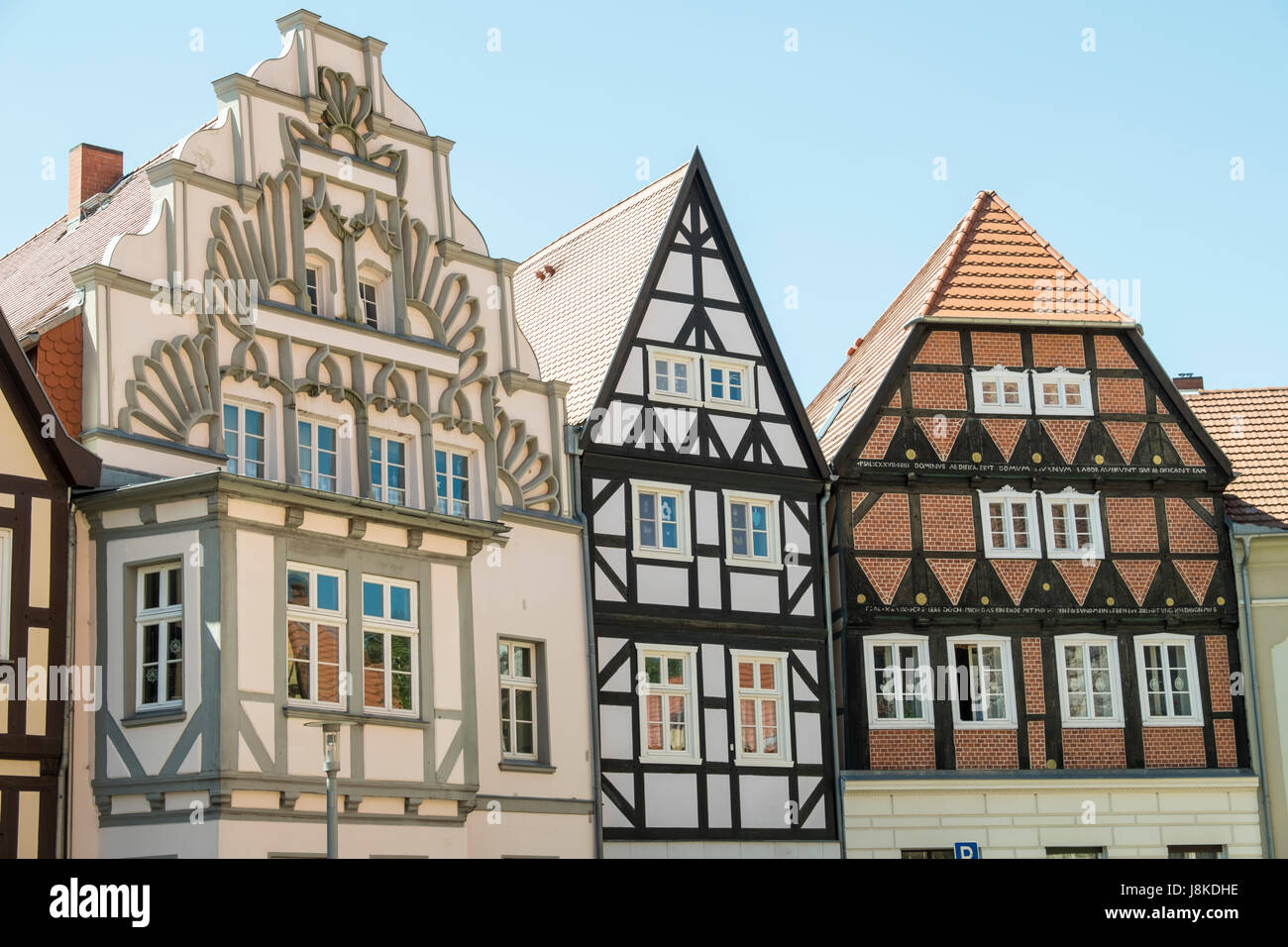 La struttura di legno edifici sulla Kirchplatz, Perleberg, Brandeburgo, Germania Foto Stock