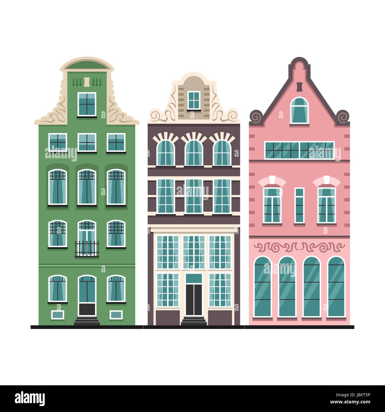 Set di 3 Amsterdam case vecchie facciate cartoon Illustrazione Vettoriale