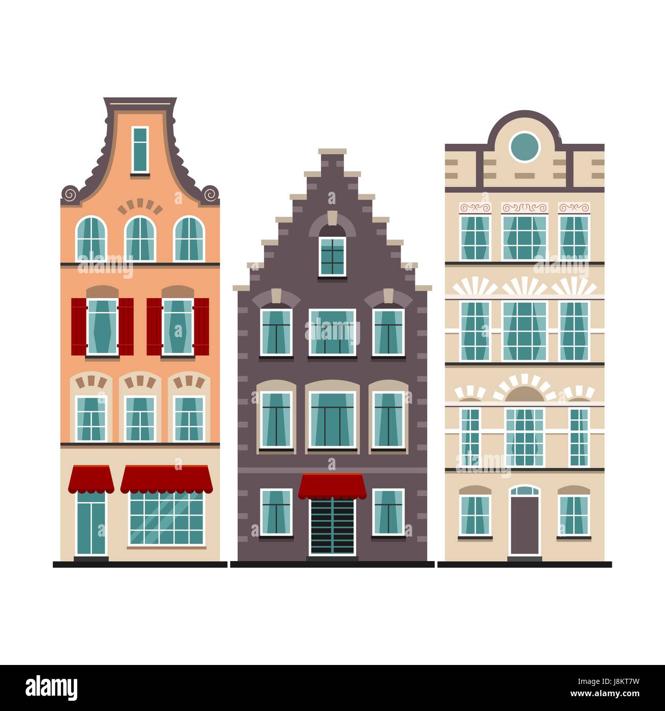 Set di 3 Amsterdam case vecchie facciate cartoon Illustrazione Vettoriale