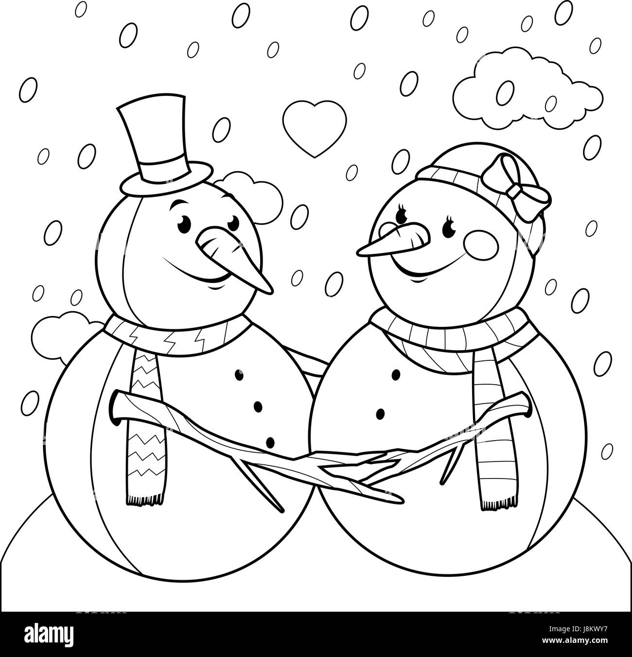 Simpatici pupazzi di neve in un bellissimo paesaggio invernale. Pupazzi di neve cartoni animati nella neve. Illustrazione della pagina di colorazione in bianco e nero vettoriale Illustrazione Vettoriale