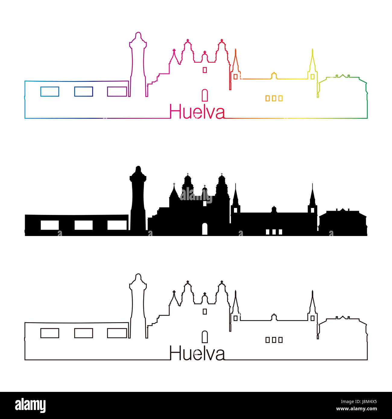 Huelva skyline stile lineare con arcobaleno nel modificabile file vettoriali Foto Stock
