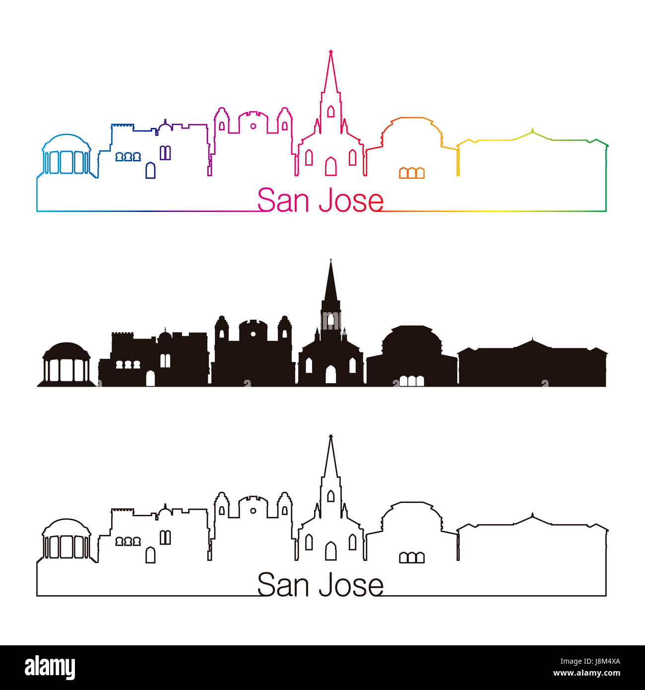 San Jose CR skyline stile lineare con arcobaleno nel modificabile file vettoriali Foto Stock