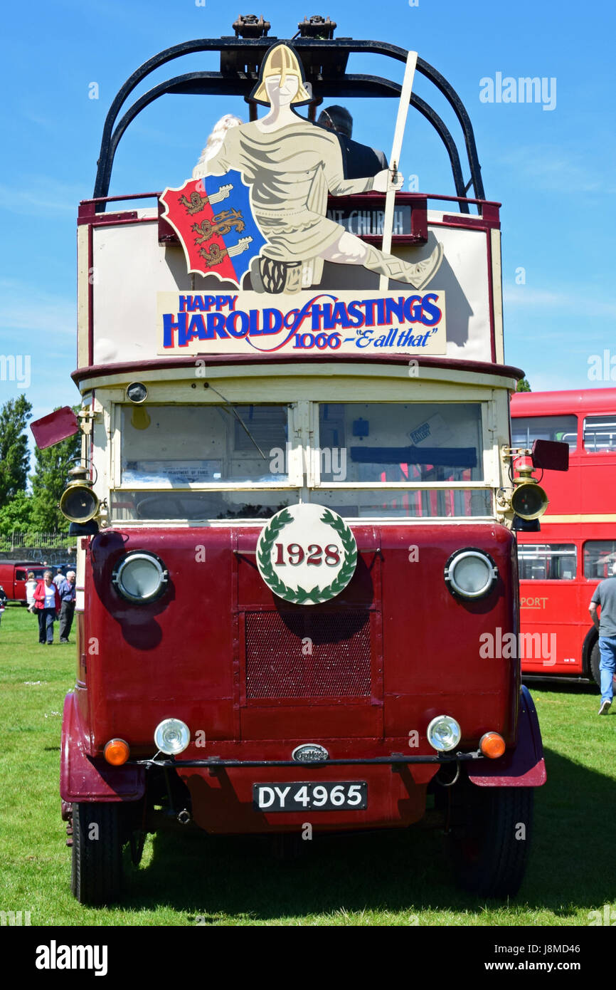 Felice Harold, DY4965, 1928 Guy BTX open top trolley bus con Christopher Dobson corpo, XXV annuale di filobus rally, l'Ovale Hastings 2017 Foto Stock