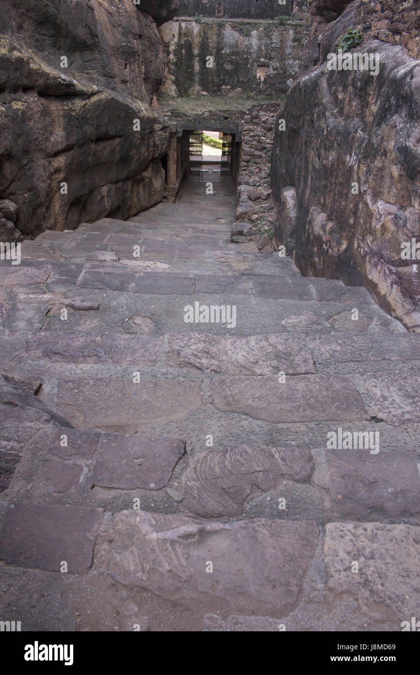 Nord Badami Fort entrata principale scalinata, Karnataka, India Foto Stock