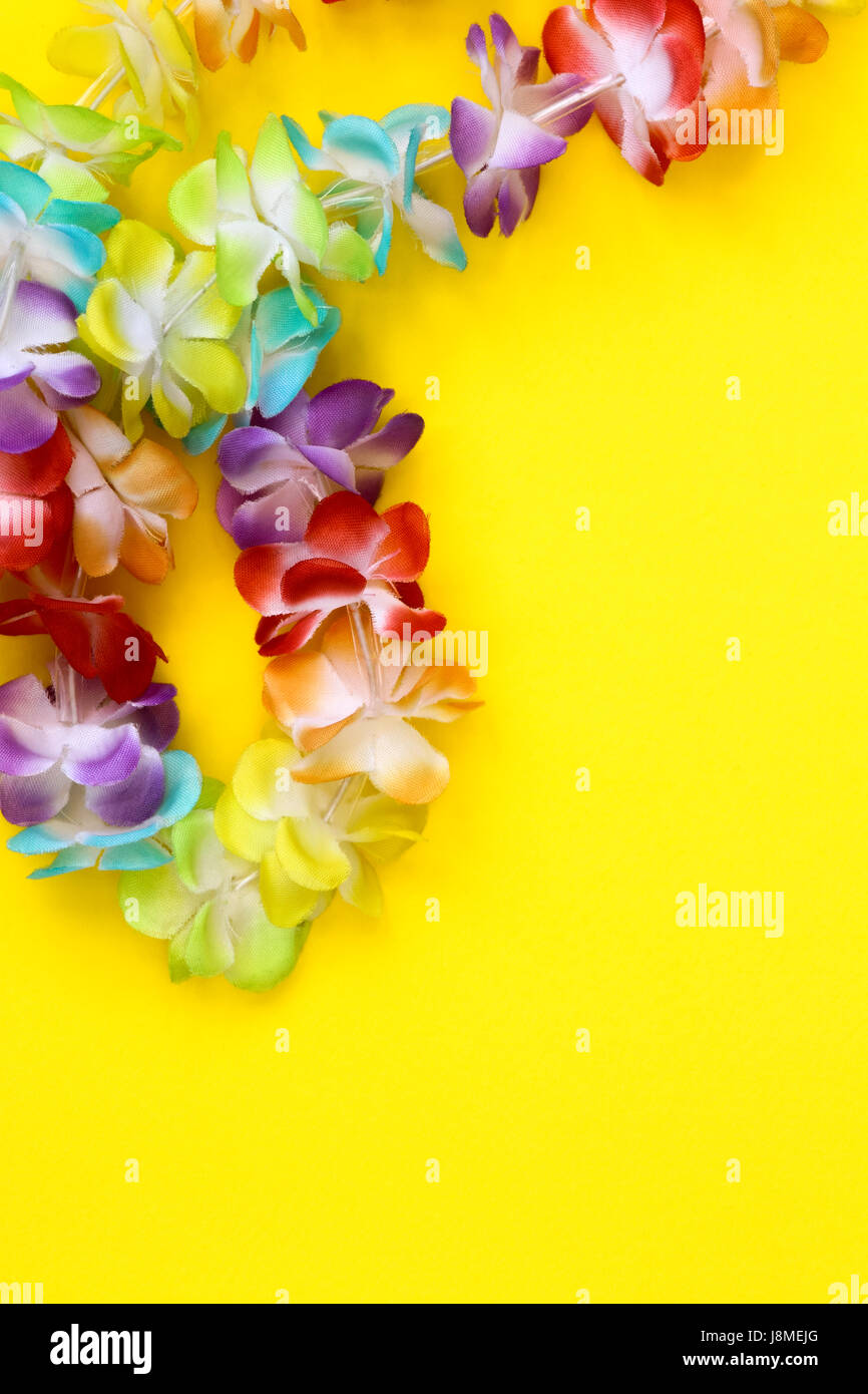 Rainbow colorati fiori finti su una collana attorno a un semplice sfondo colorato con camera per spazio di copia Foto Stock